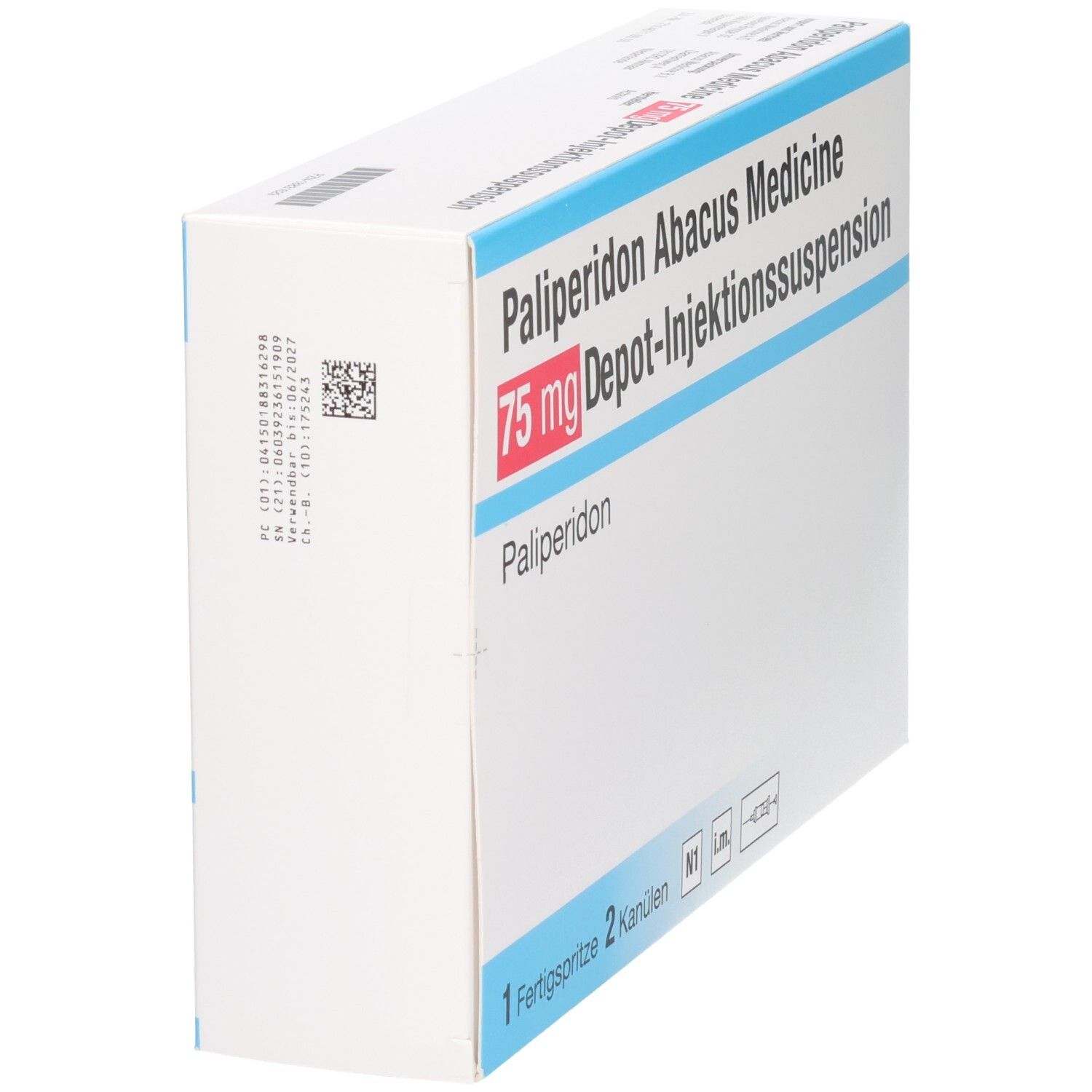 Seitenansicht der Verpackung Palipéridon Abacus Medicine 75 mg Depot-Injektionssuspension mit Barcode.