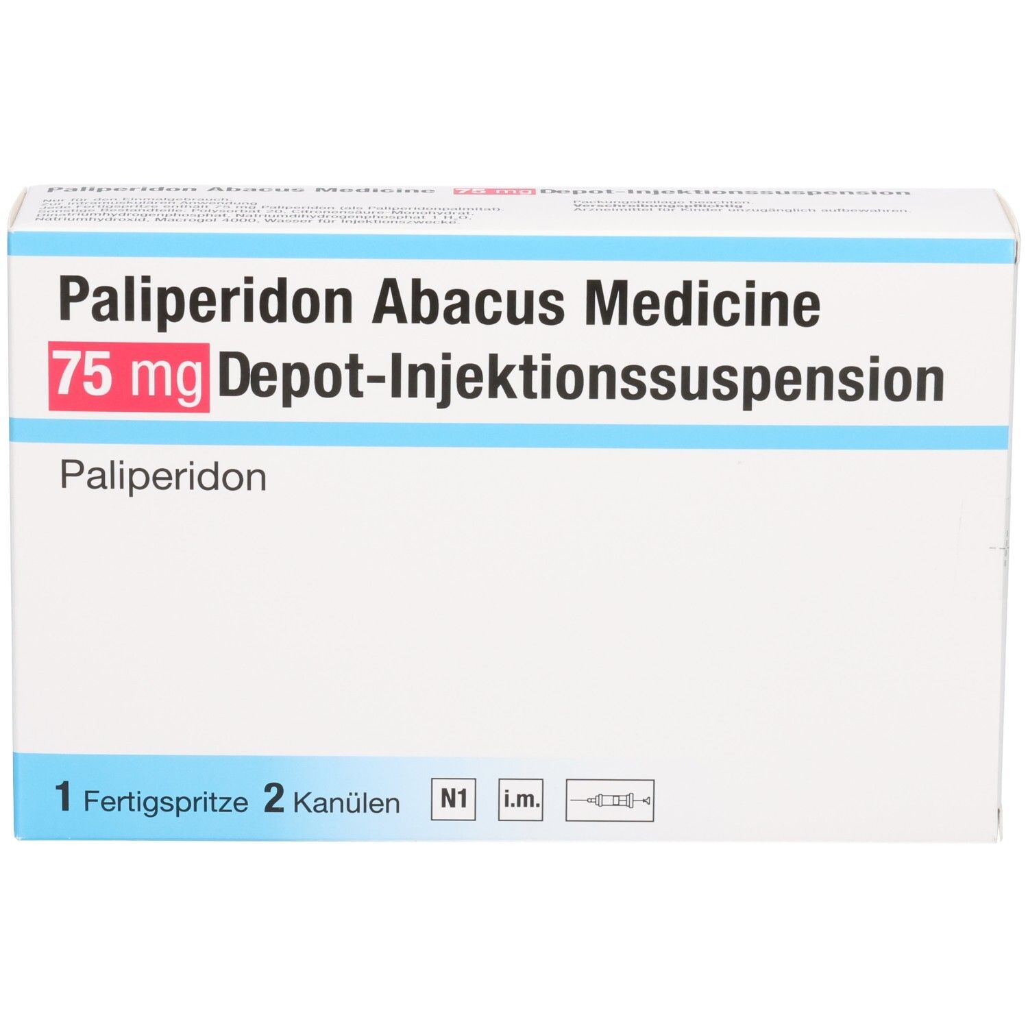 Vorderseite der Verpackung Palipéridon Abacus Medicine 75 mg Depot-Injektionssuspension, 1 Fertigspritze, 2 Kanülen.