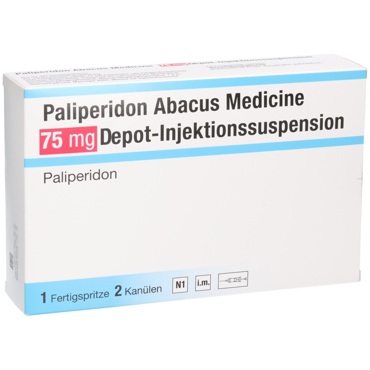 Verpackung Palipéridon Abacus Medicine 75 mg Depot-Injektionssuspension, 1 Fertigspritze, 2 Kanülen.