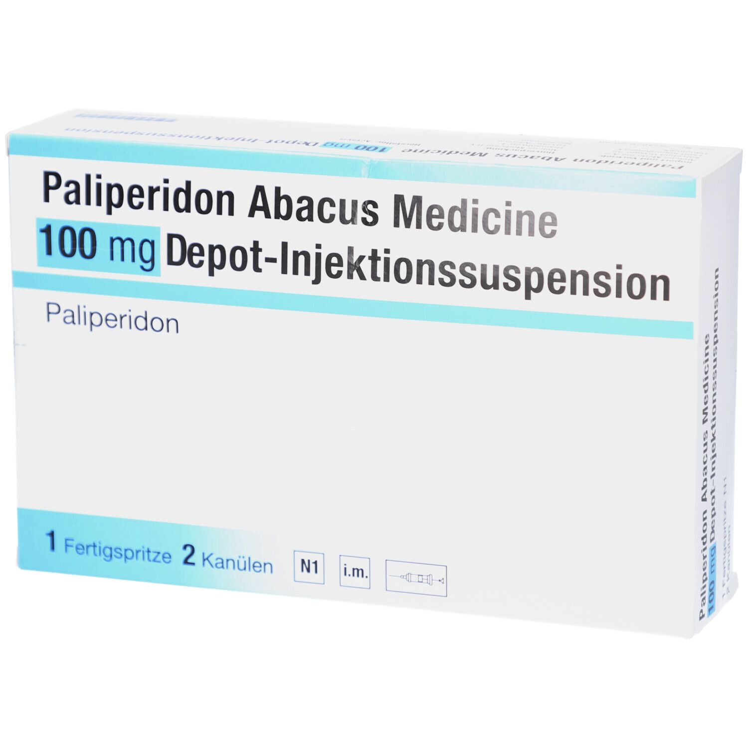 Verpackung von Palip. Abacus Medicine 100mg Depot-Inj.-Sus.FS. Weiße Schachtel mit blauen Akzenten. Text: 1 Fertigspritze, 2 Kanülen.