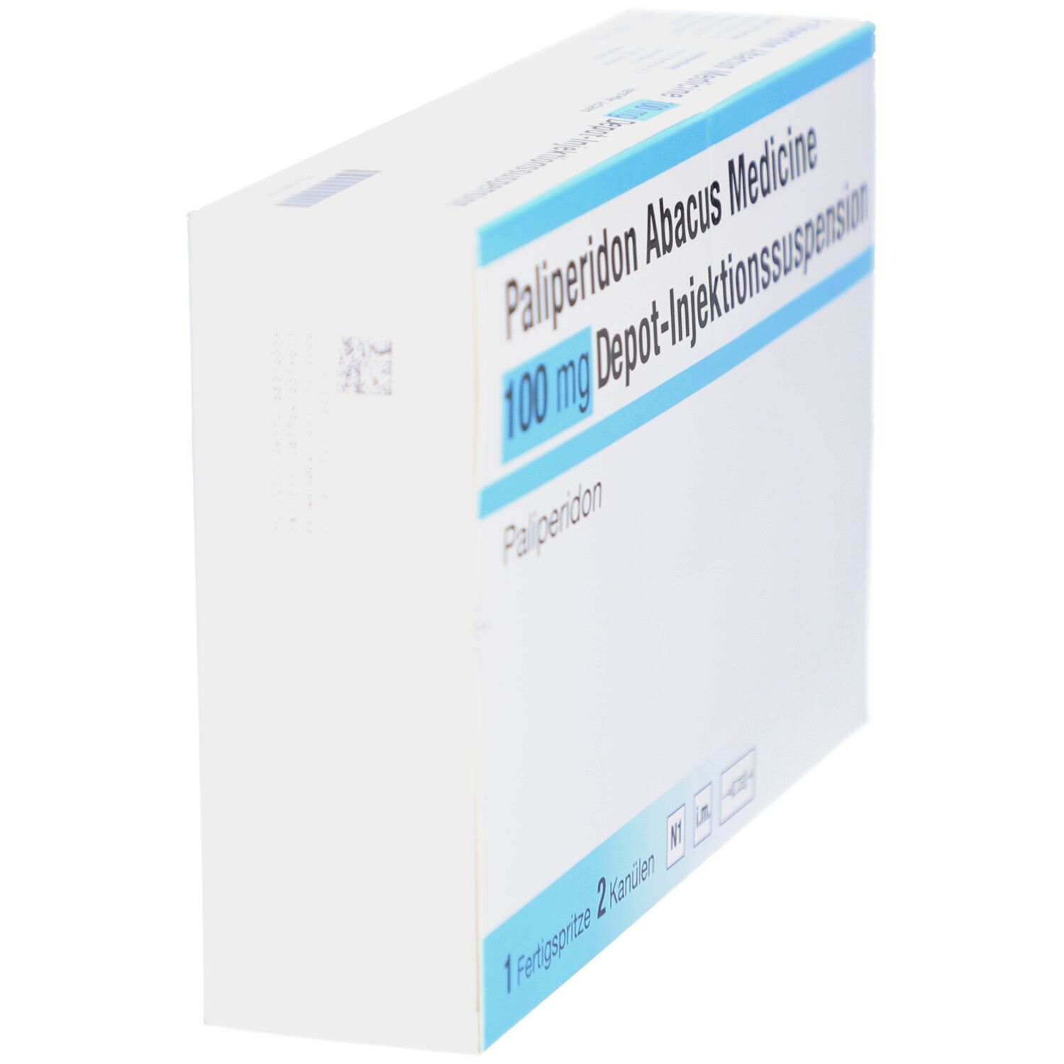 Schachtel von Palip. Abacus Medicine 100mg Depot-Inj.-Sus.FS. Weiße Schachtel, schräg gestellt. Blaue Schrift. Text: 1 Fertigspritze, 2 Kanülen.