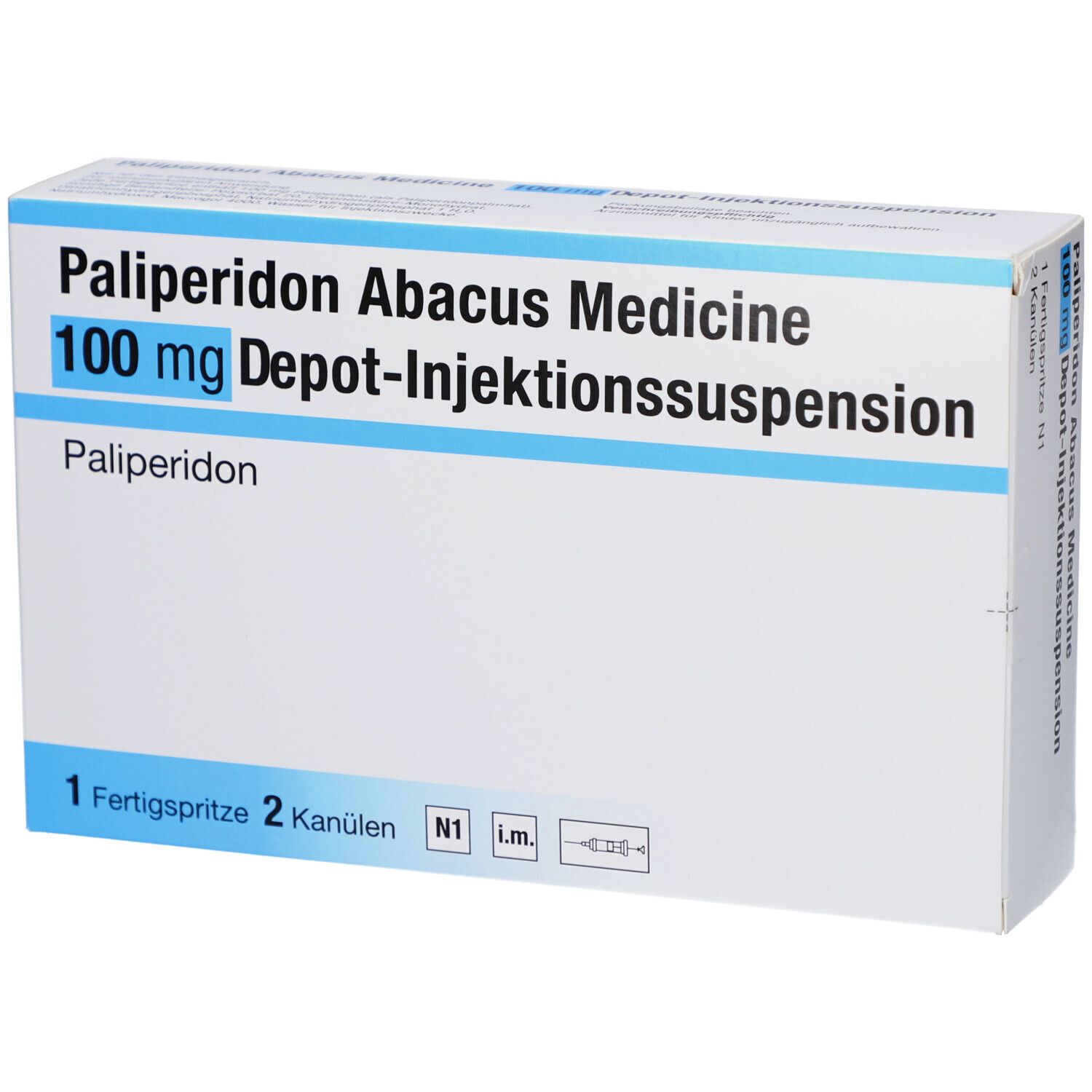 Verpackung von Palip. Abacus Medicine 100mg Depot-Inj.-Sus.FS. Weiße Schachtel mit blauen Akzenten. Text: 1 Fertigspritze, 2 Kanülen.