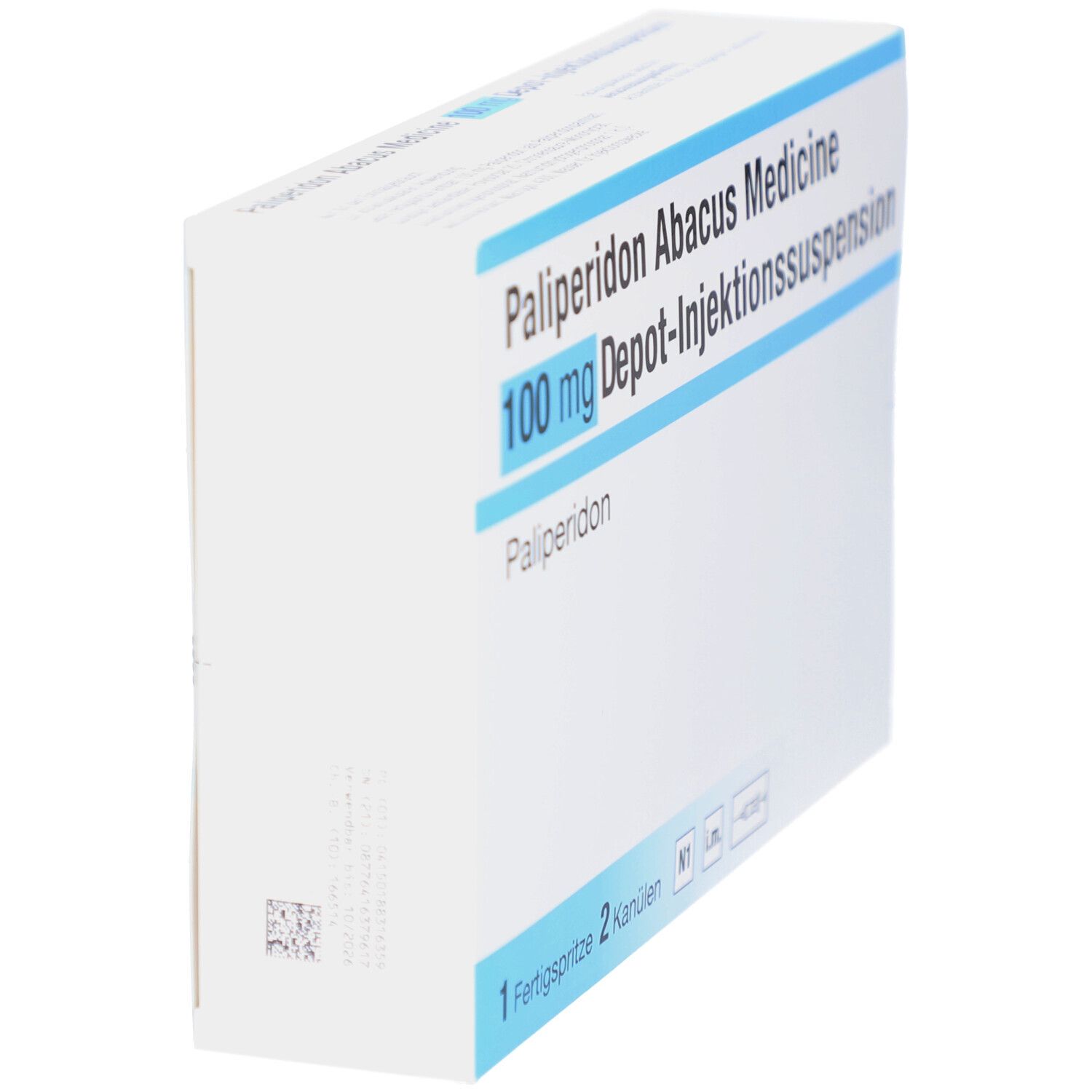 Schachtel von Palip. Abacus Medicine 100mg Depot-Inj.-Sus.FS. Weiße Schachtel, schräg gestellt. Blaue Schrift. Text: 1 Fertigspritze, 2 Kanülen.