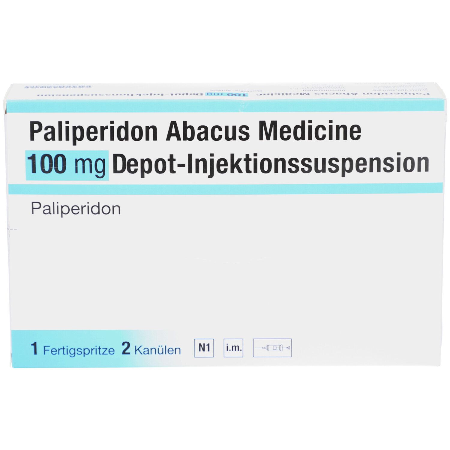 Verpackung von Palip. Abacus Medicine 100mg Depot-Inj.-Sus.FS. Weiße Schachtel mit blauen Akzenten. Text: 1 Fertigspritze, 2 Kanülen.