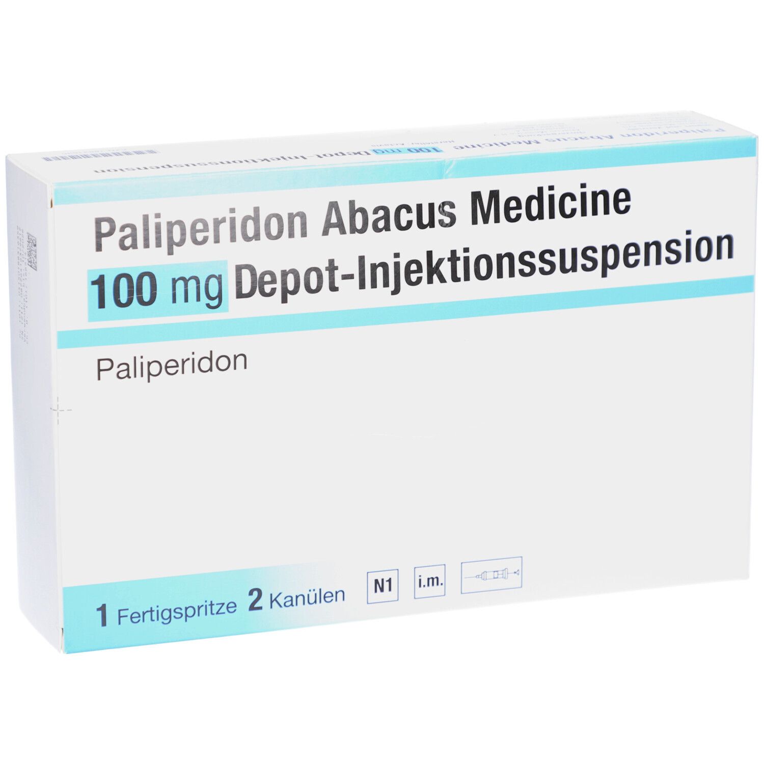 Verpackung von Palip. Abacus Medicine 100mg Depot-Inj.-Sus.FS. Weiße Schachtel mit blauen Akzenten. Text: 1 Fertigspritze, 2 Kanülen.