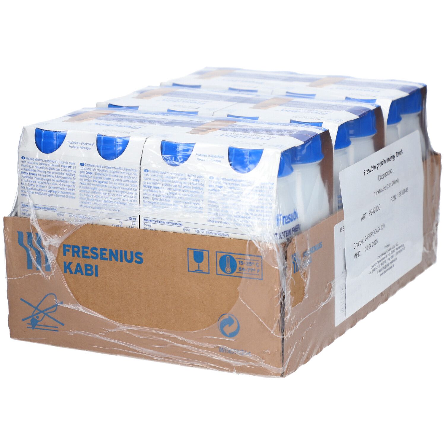 Karton mit FRESENIUS KABI-Logo. Enthält Flaschen FRESUBIN PROTEIN Energy Drink Cappuccino. Verpackt in Folie. Rückseite mit Text.