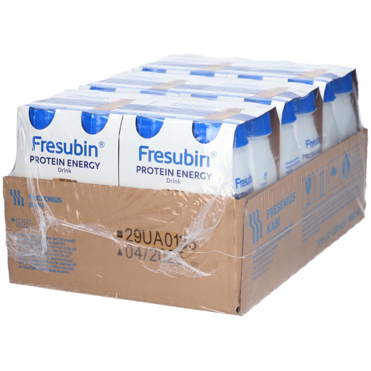 Karton mit Flaschen FRESUBIN PROTEIN Energy Drink. Flaschen in Folie verpackt. Aufdruck mit MHD und Chargennummer.