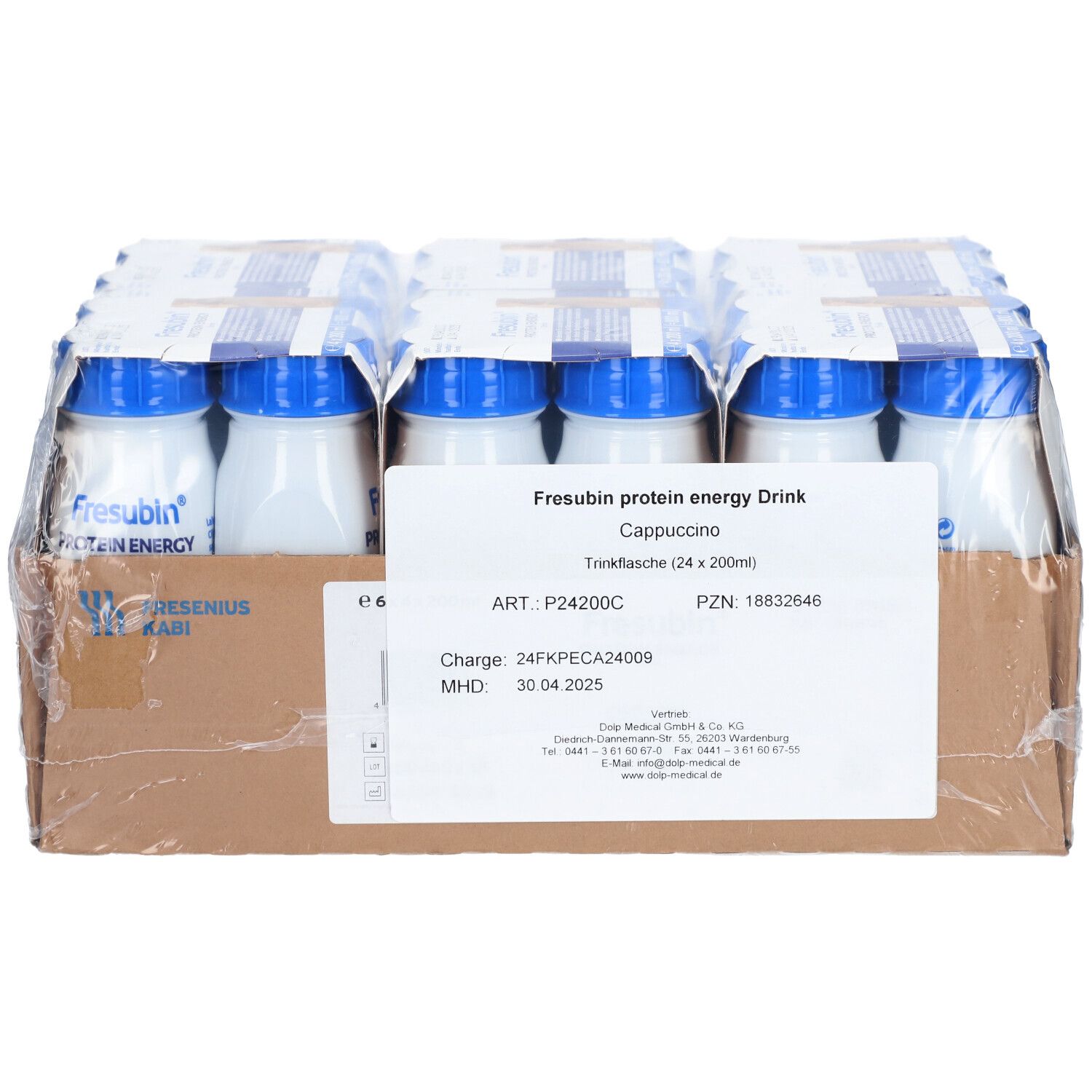 Karton mit 24 Flaschen FRESUBIN PROTEIN Energy Drink Cappuccino. Flaschen in Folie verpackt. Etikett mit Produktinformationen.