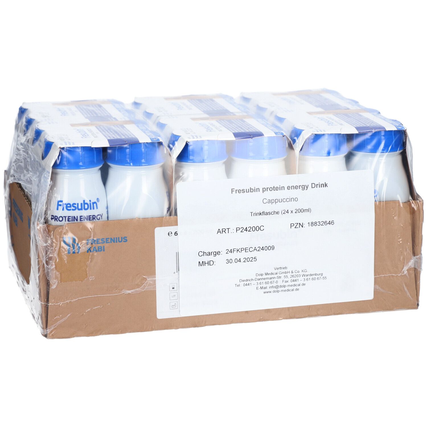 Karton mit 6 Flaschen FRESUBIN PROTEIN Energy Drink Cappuccino. Flaschen in Folie verpackt. Etikett mit Produktinformationen.