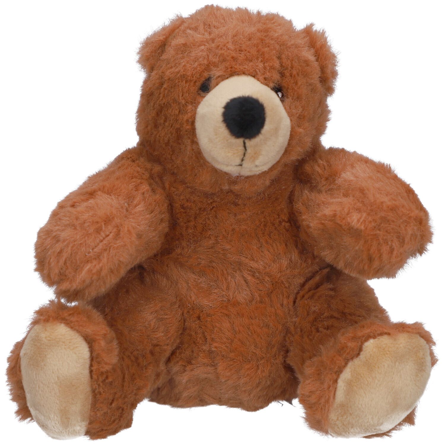 Brauner Teddybär, sitzend. Weiches, braunes Fell, beiges Gesicht und Pfoten, schwarze Nase. Ohren aufrecht.