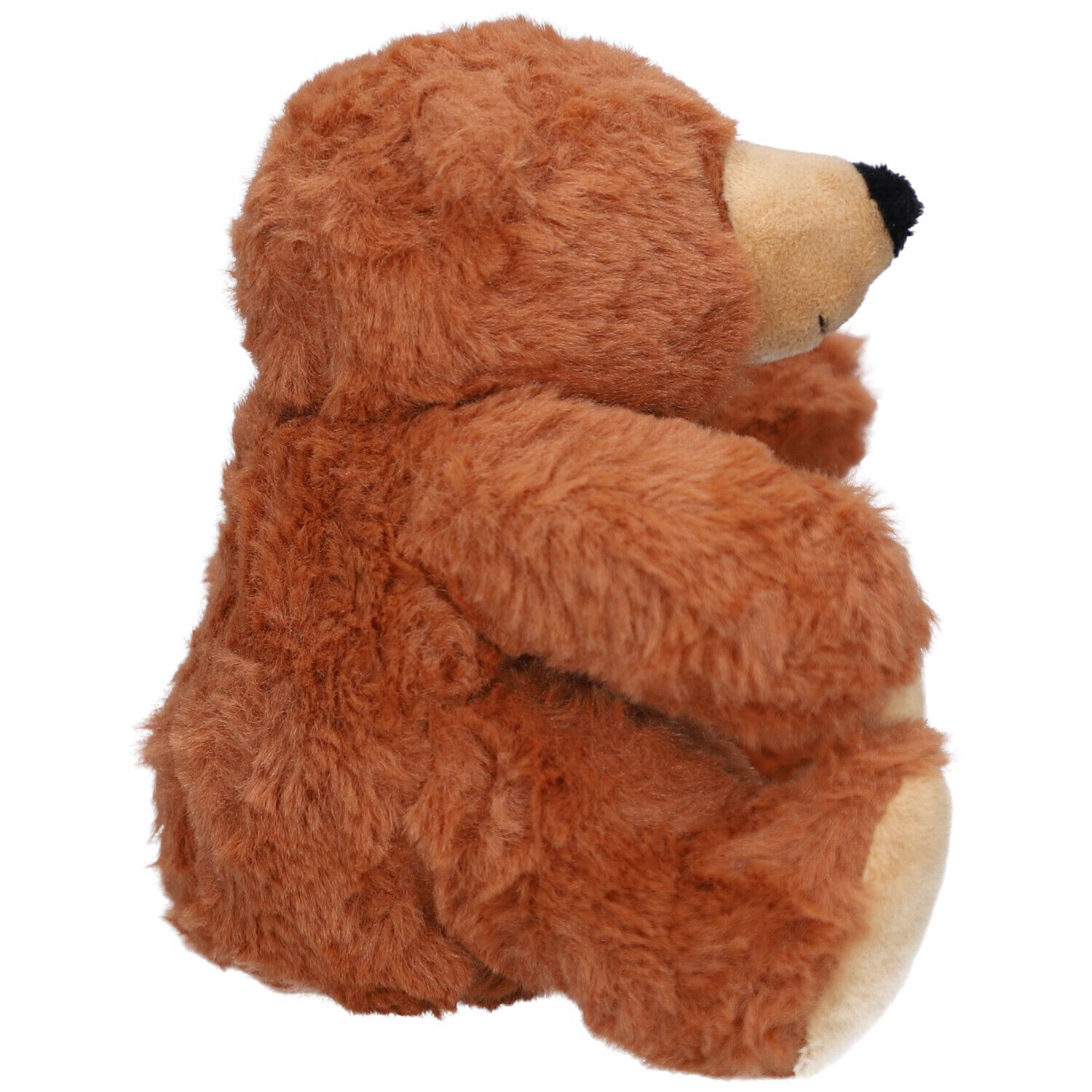 Brauner Teddybär, Seitenansicht. Weiches Fell, beiges Gesicht, schwarze Nase. Sitzende Position.