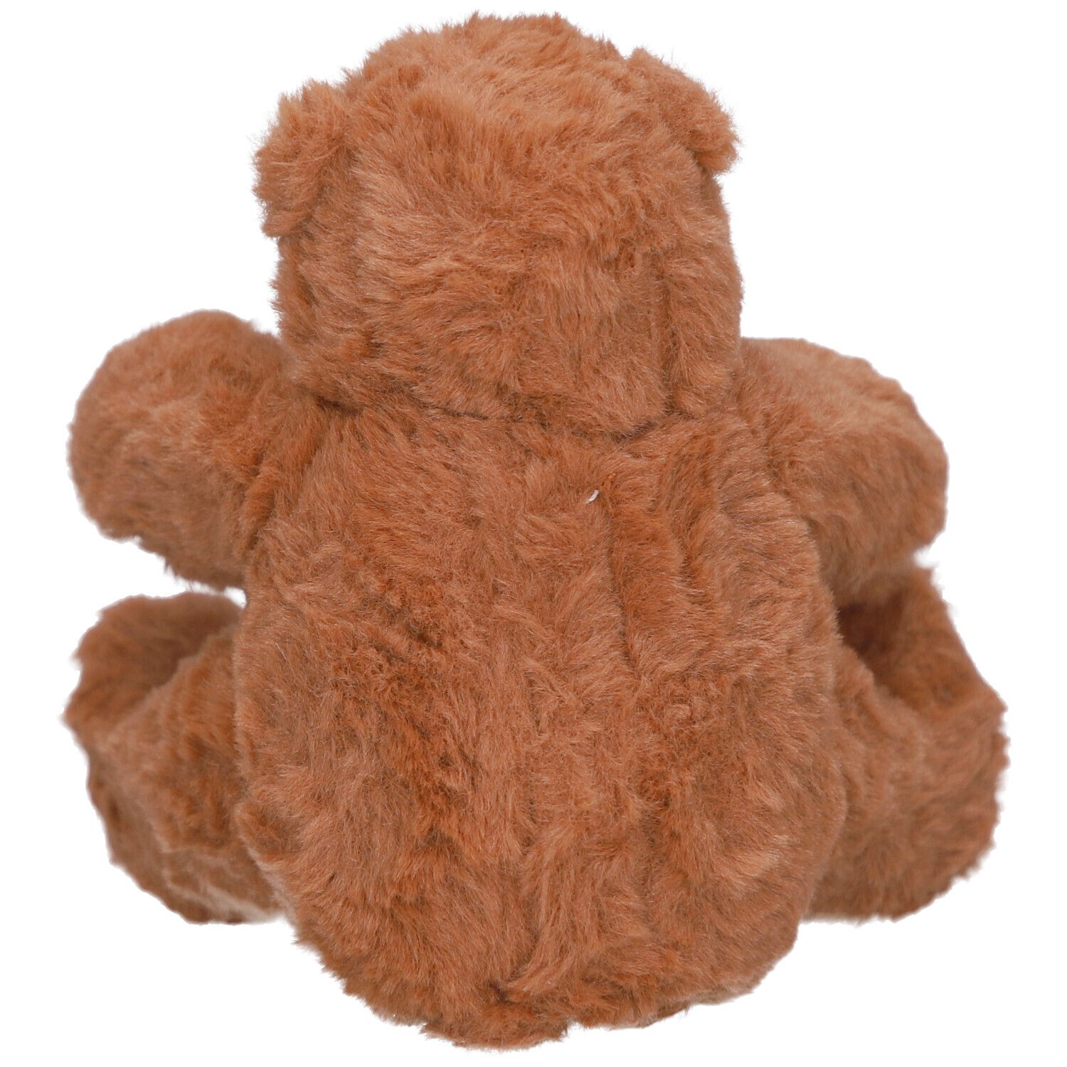 Rückansicht eines braunen Teddybären. Weiches, braunes Fell. Sitzende Position.