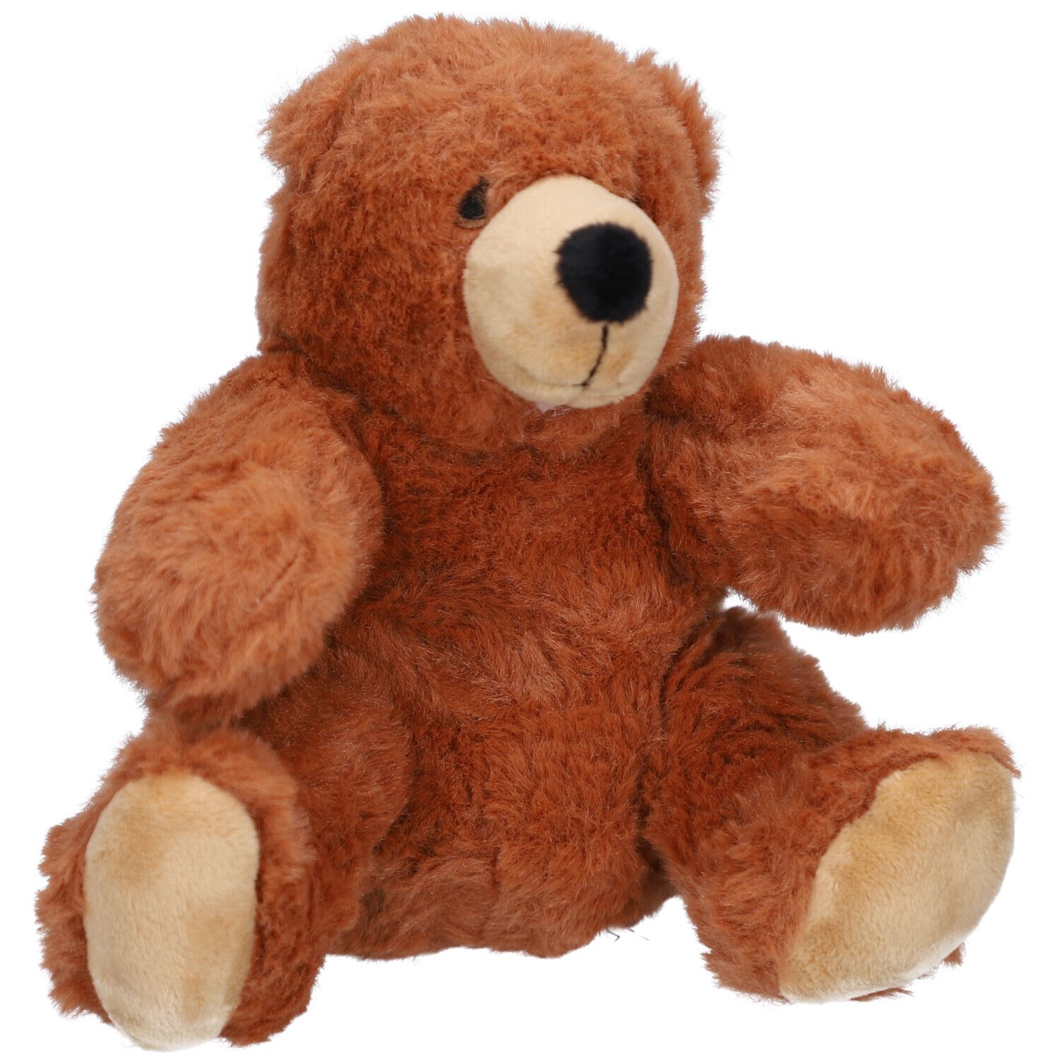 Brauner Teddybär, sitzend. Weiches, braunes Fell, beiges Gesicht und Pfoten, schwarze Nase. Blick nach vorn.