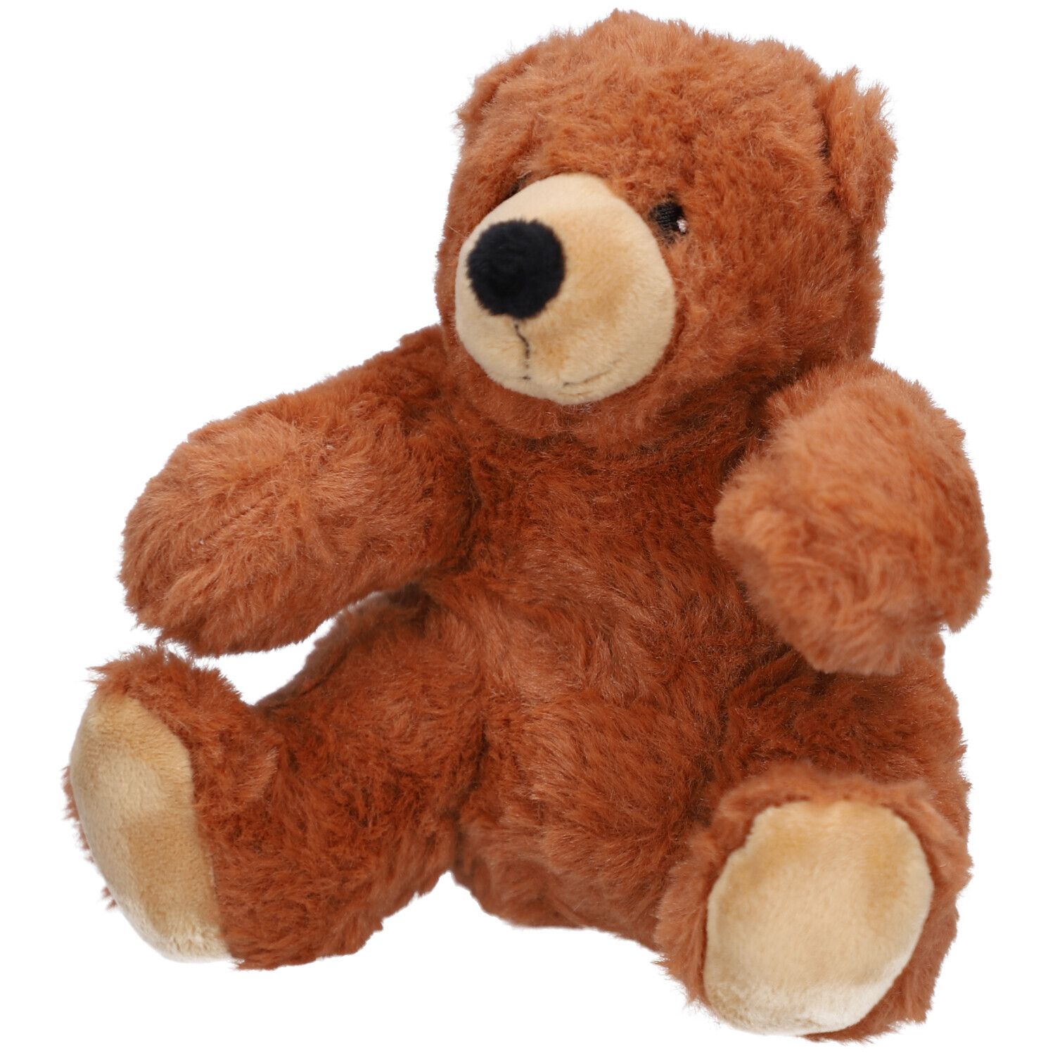 Brauner Teddybär, sitzend. Weiches Fell, beiges Gesicht, schwarze Nase. Blick leicht nach links.