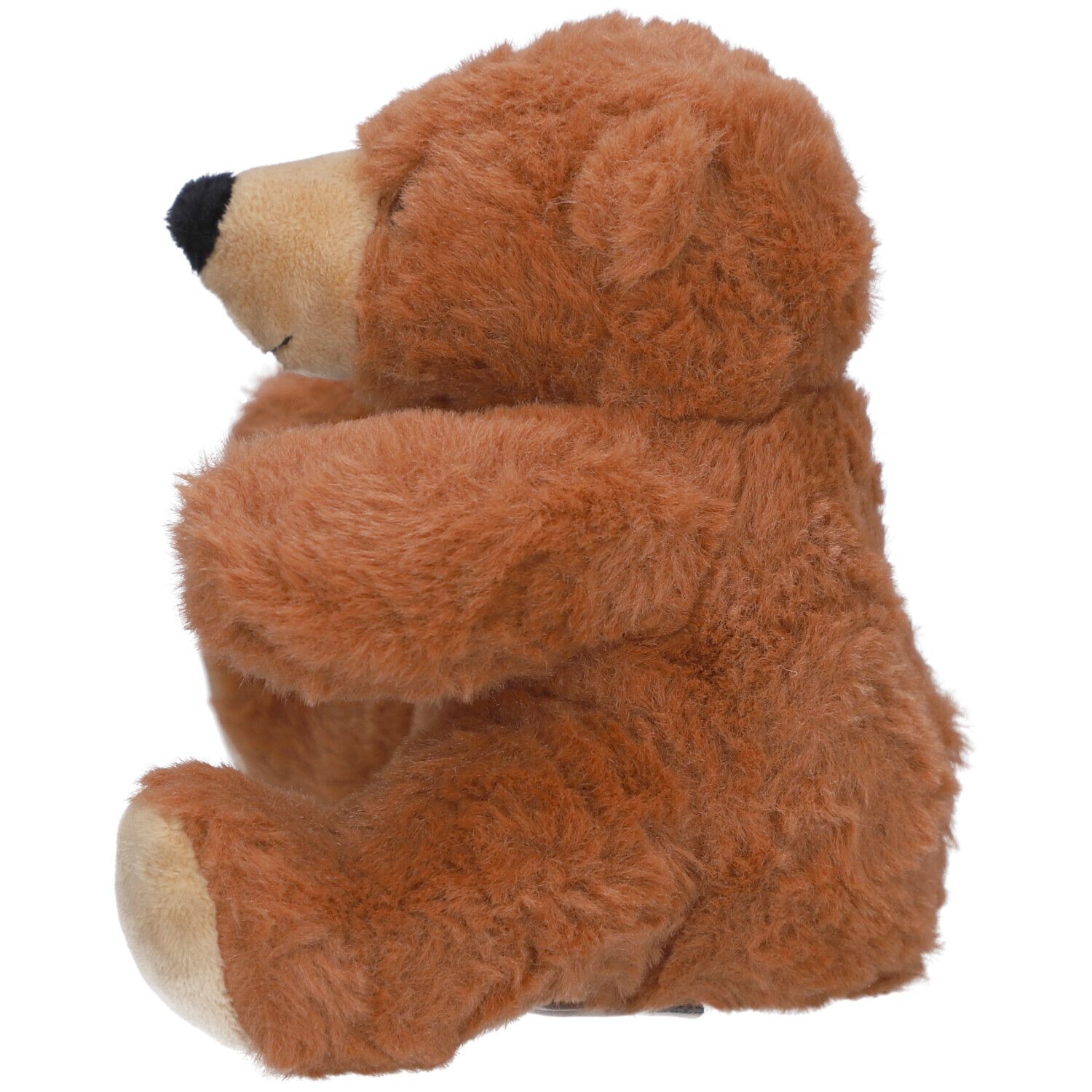 Brauner Teddybär, Seitenansicht. Weiches Fell, beiges Gesicht, schwarze Nase. Umarmt sich selbst.
