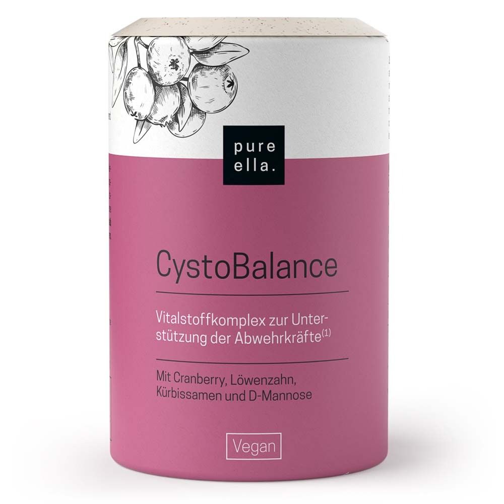 Zylinderförmige Dose mit rosa Etikett. Oben weiß mit Cranberry-Illustration. Text: pure ella, CystoBalance, Vegan.