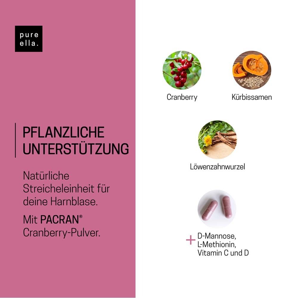 Grafik mit Zutaten: Cranberry, Kürbissamen, Löwenzahnwurzel, D-Mannose, L-Methionin, Vitamin C und D.