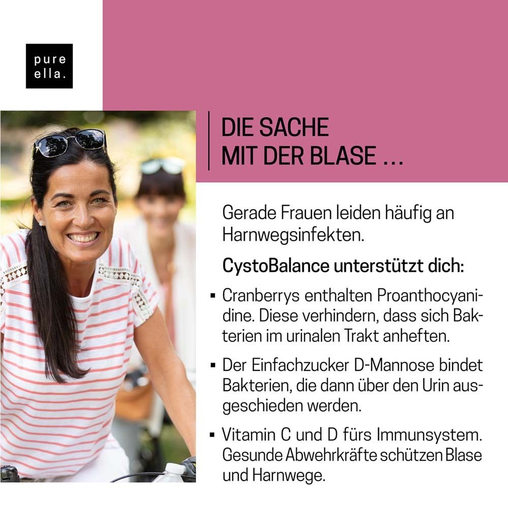 Frau lächelt, Hintergrund verschwommen. Text: CystoBalance unterstützt dich. Cranberrys, D-Mannose, Vitamin C und D.