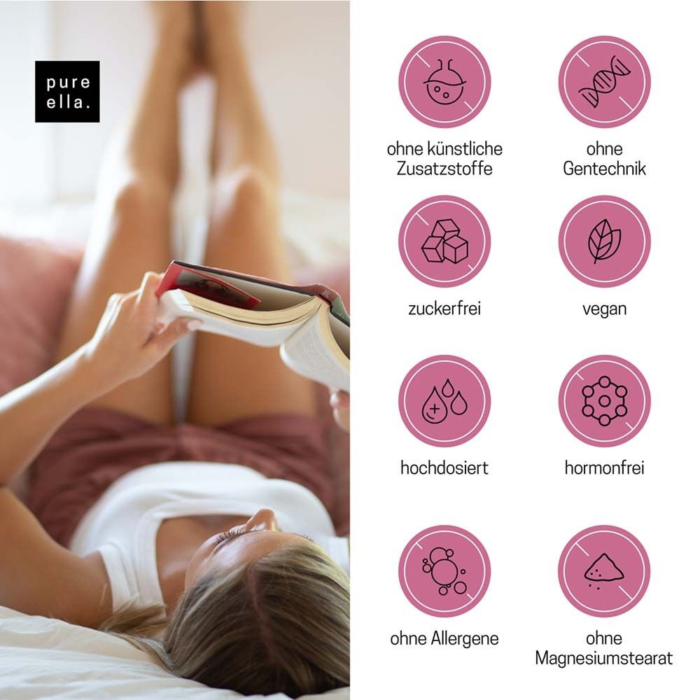 Frau liegt im Bett, liest. Text: ohne künstliche Zusatzstoffe, ohne Gentechnik, zuckerfrei, vegan, hochdosiert, hormonfrei, ohne Allergene, ohne Magnesium.