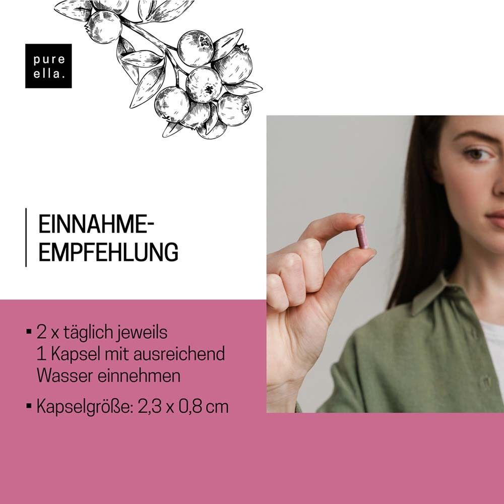 Frau hält Kapsel. Text: Einnahmeempfehlung: 2x täglich, 1 Kapsel. Kapselgröße: 2,3 x 0,8 cm.