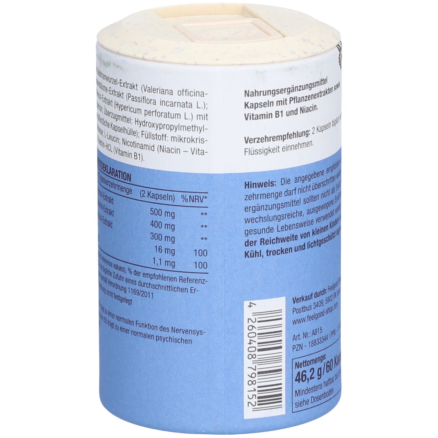 Zylindrische Dose mit blauem Etikett. Oben: Marke pure ella. Text: Nervenkraft. Vegan-Siegel.