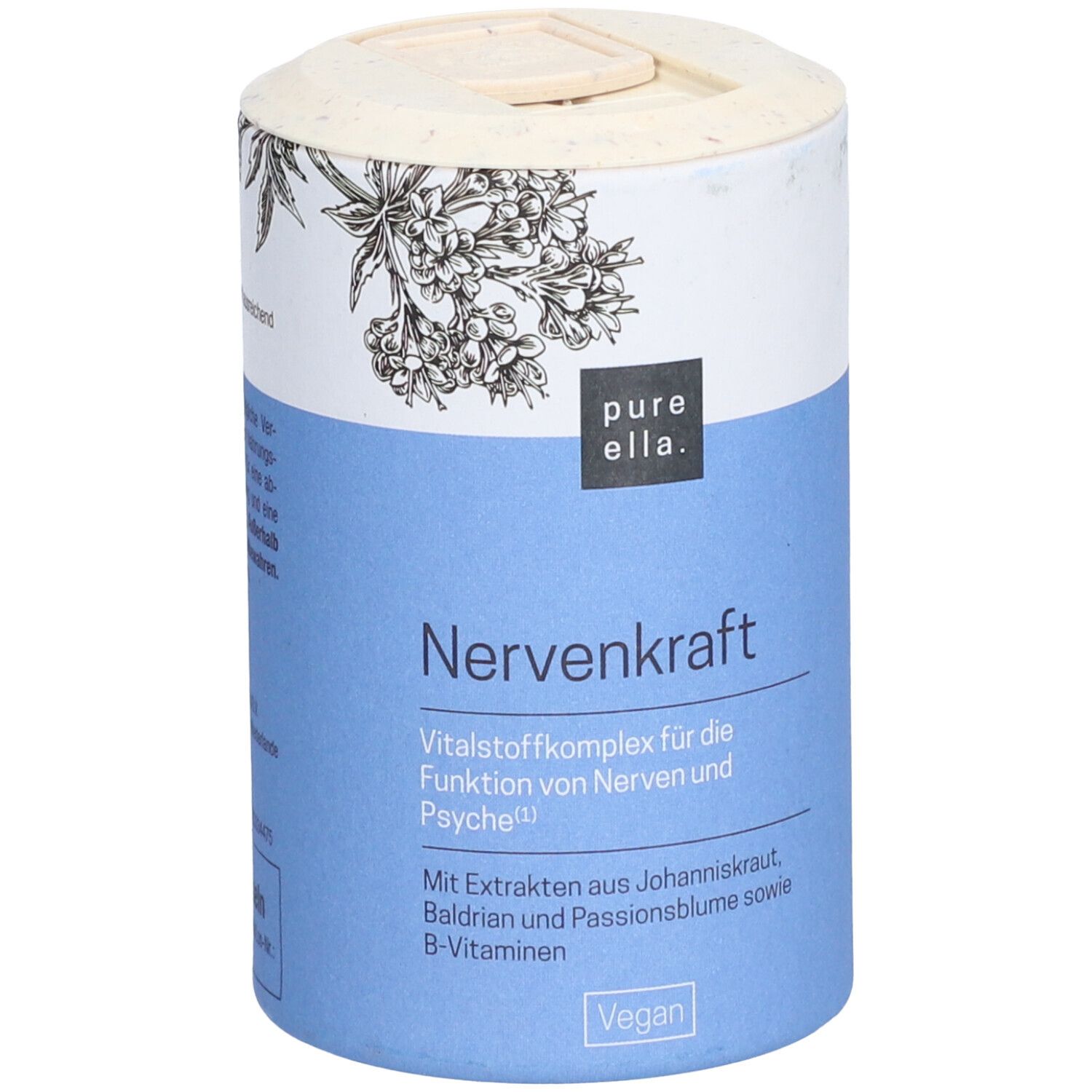 Zylindrische Dose mit blauem Etikett. Oben: Marke pure ella. Text: Nervenkraft. Vegan-Siegel.