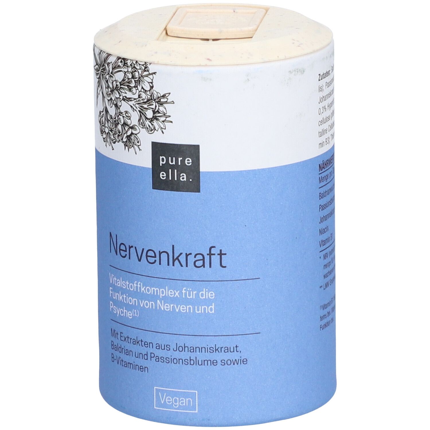 Zylindrische Dose mit blauem Etikett. Oben: Marke pure ella. Text: Nervenkraft. Vegan-Siegel.