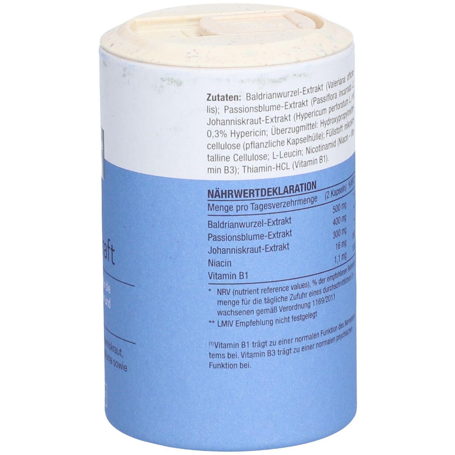 Zylindrische Dose mit blauem Etikett. Oben: Marke pure ella. Text: Nervenkraft. Vegan-Siegel.