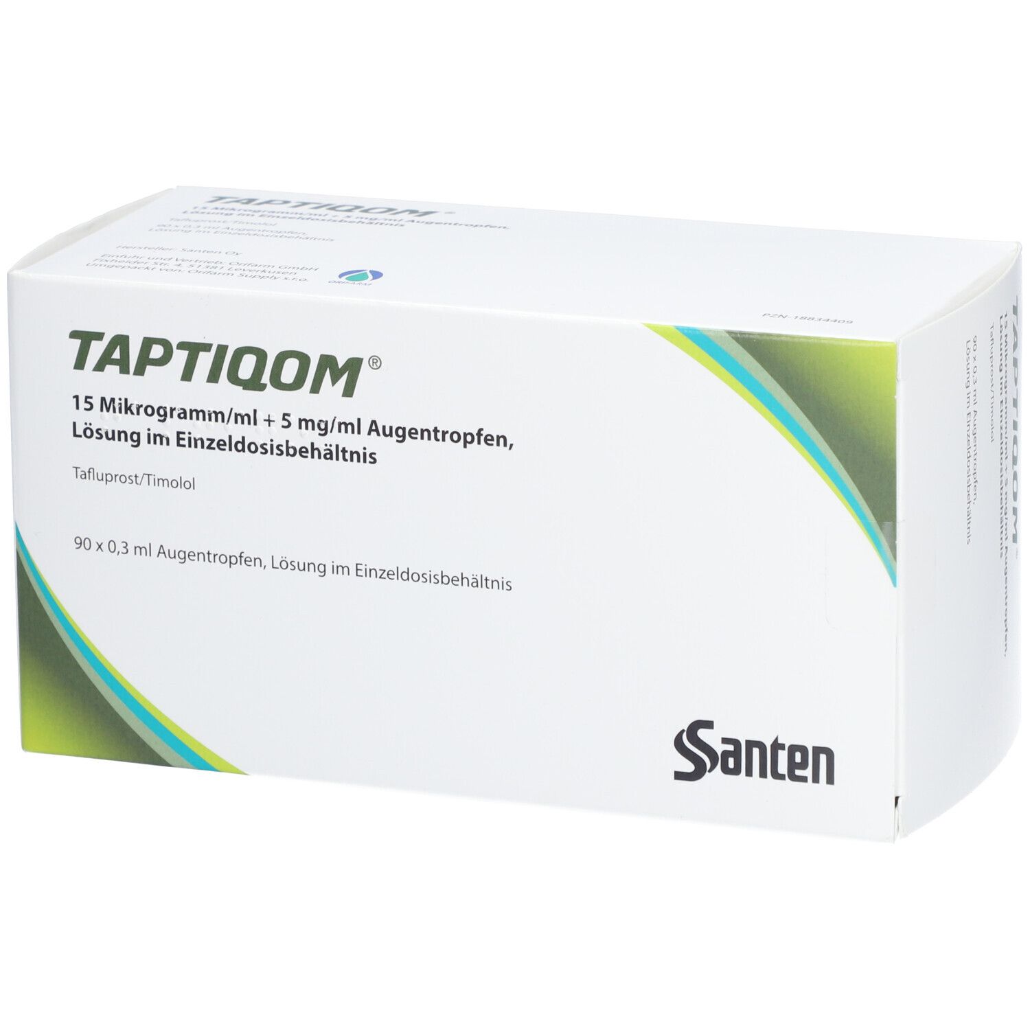 Weißer Karton mit grünen Akzenten. Aufschrift: TAPTIQOM, 15 Mikrogramm/ml + 5 mg/ml Augentropfen. Marke: Santen.
