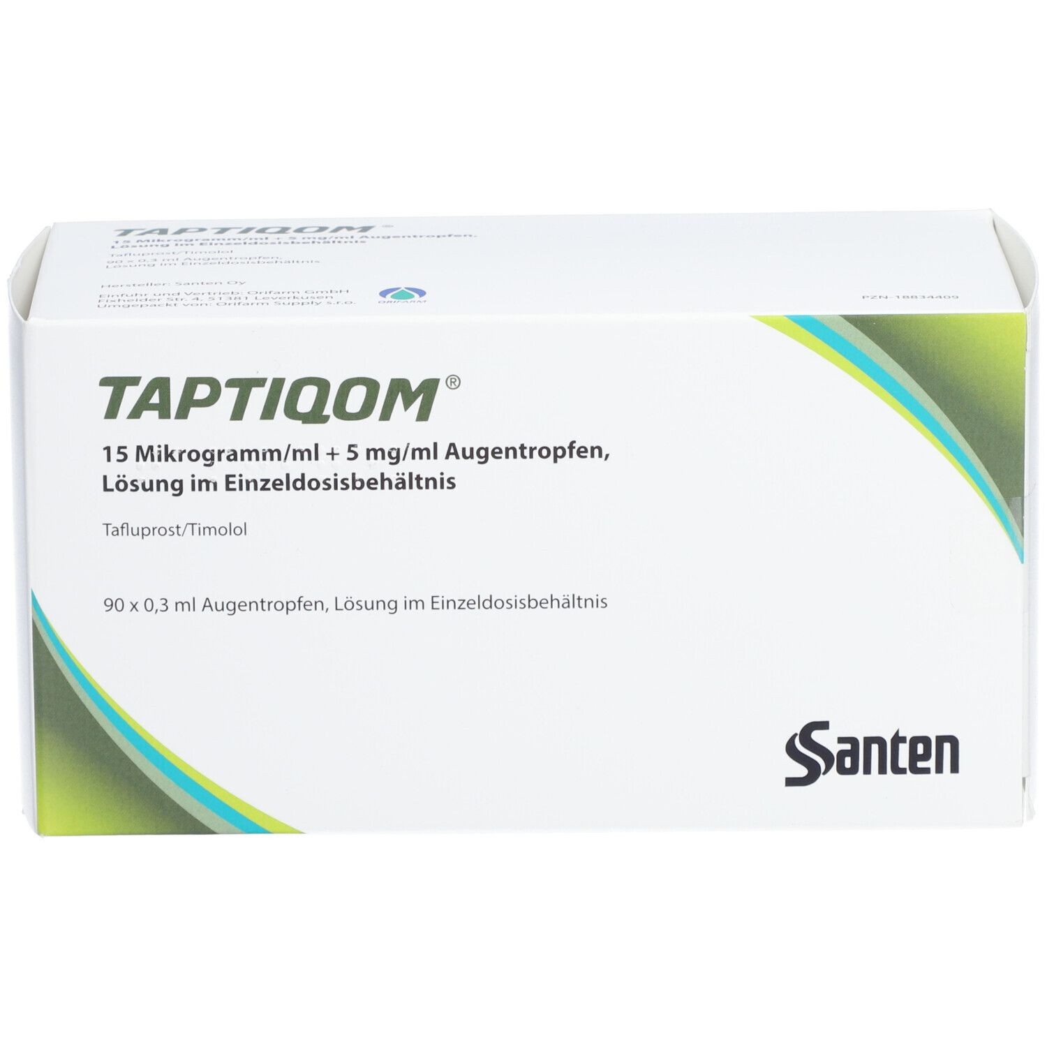 Weißer Karton mit grünen Akzenten. Aufschrift: TAPTIQOM, 15 Mikrogramm/ml + 5 mg/ml Augentropfen. Marke: Santen.