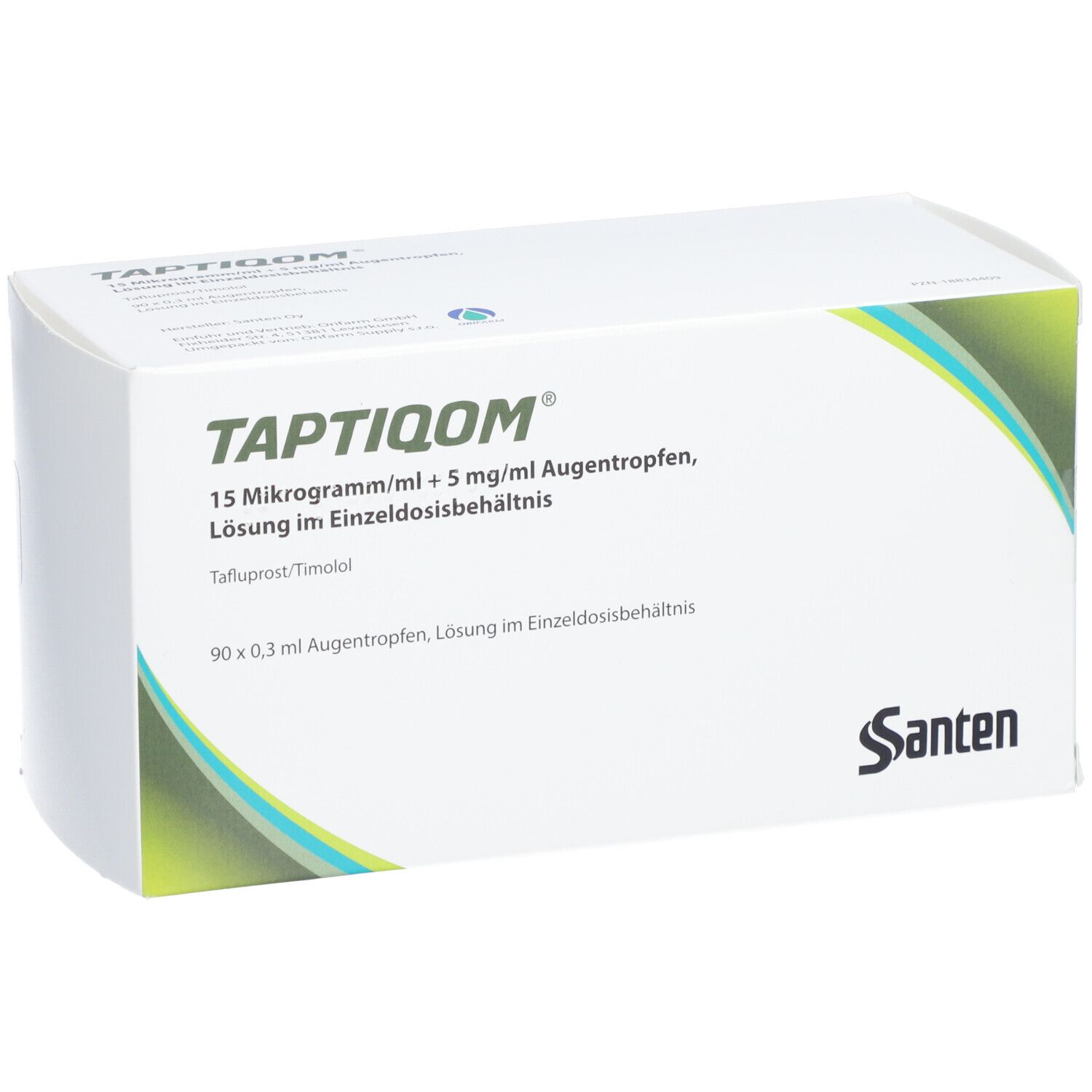 Weißer Karton mit grünen Akzenten. Aufschrift: TAPTIQOM, 15 Mikrogramm/ml + 5 mg/ml Augentropfen. Marke: Santen.
