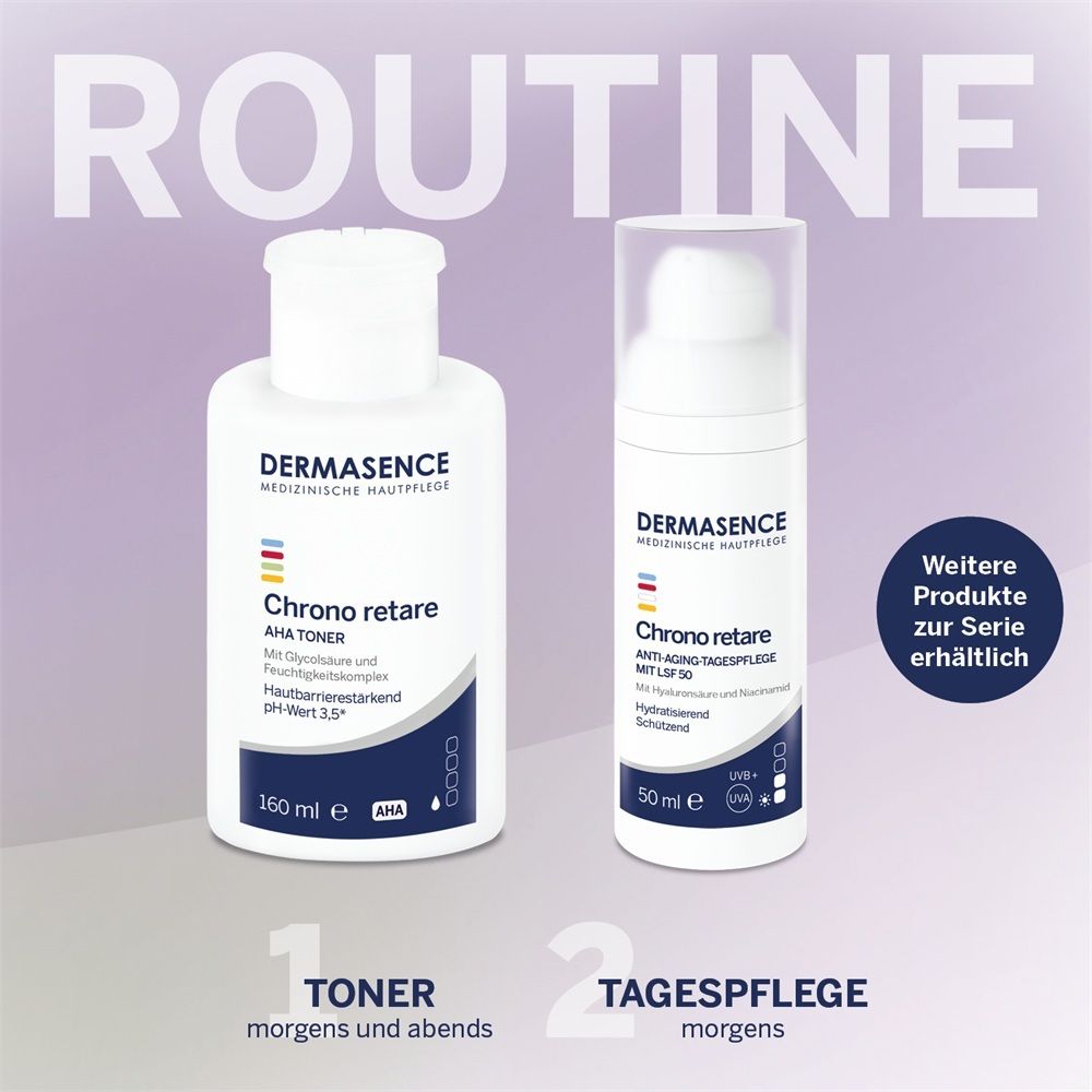 DERMASENCE AHA Toner (160 ml) und Anti-Aging Tagespflege LSF 30 (50 ml) für die Morgenroutine.
