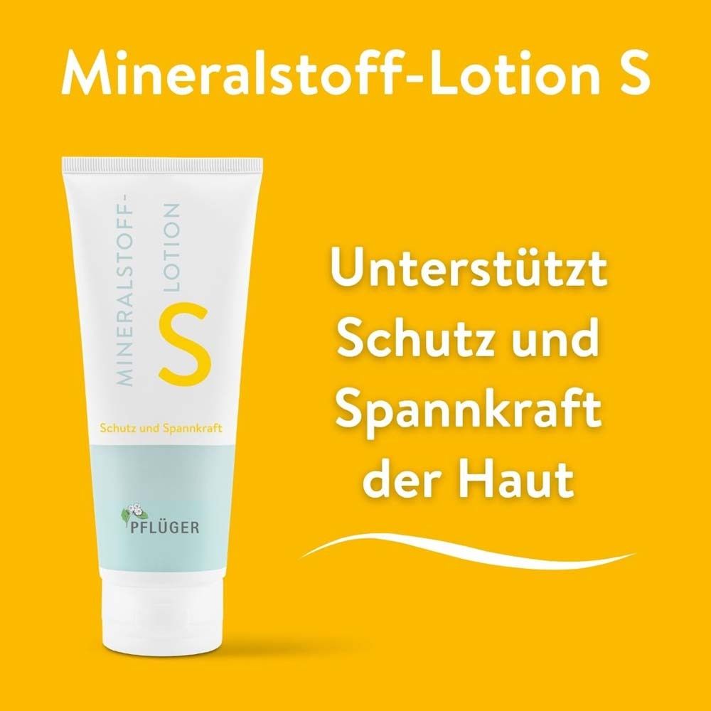 Gelber Hintergrund mit Mineralstoff-Lotion S Tube. Text: Unterstützt Schutz und Spannkraft der Haut.