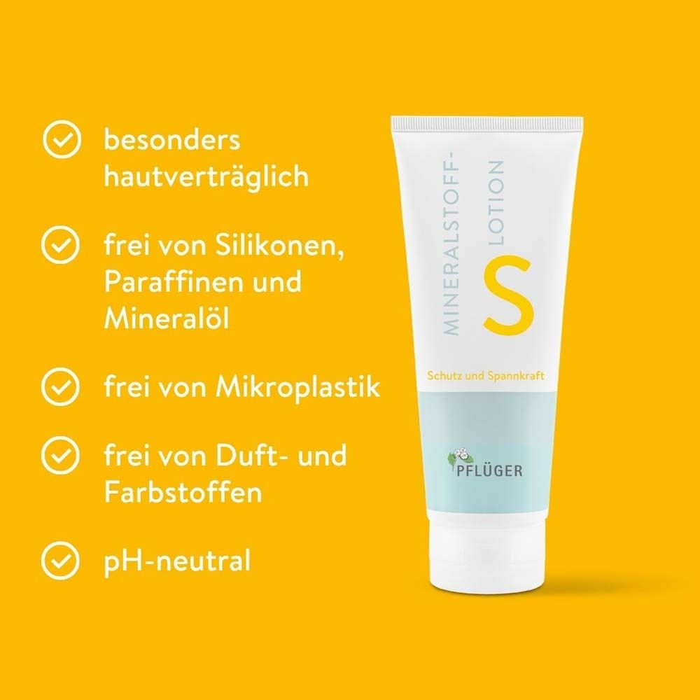 Gelber Hintergrund mit Mineralstoff-Lotion S Tube. Text: besonders hautverträglich, frei von Silikonen, Mikroplastik, Duft- und Farbstoffen, pH-neutral.