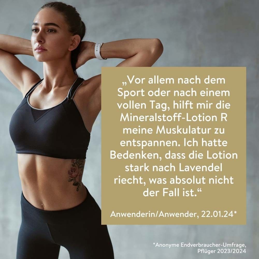 Frau in Sportkleidung. Zitat: Hilft mir, meine Muskulatur zu entspannen. Riecht nicht nach Lavendel.