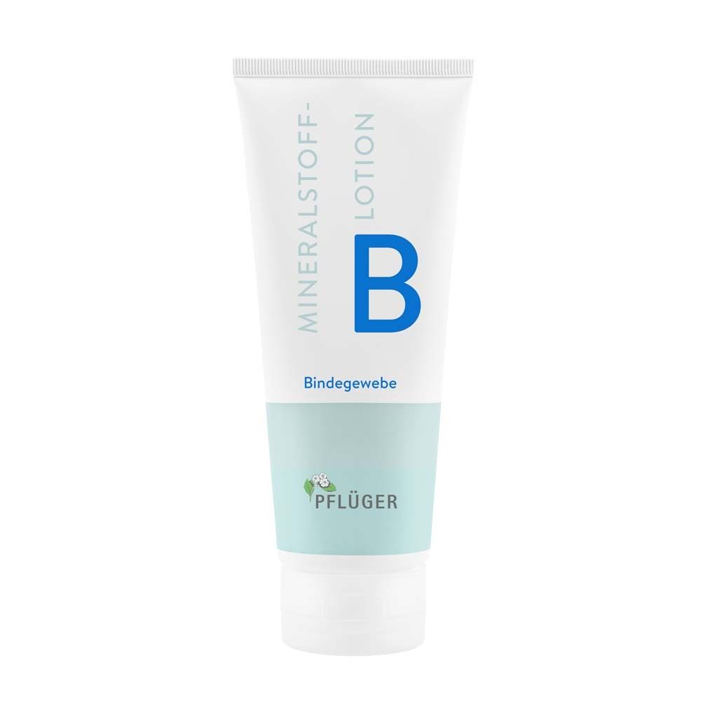 Weiße Tube mit blauer Aufschrift Mineralstoff-Lotion B und Logo. Text: Bindegewebe. Marke: Pflüger.