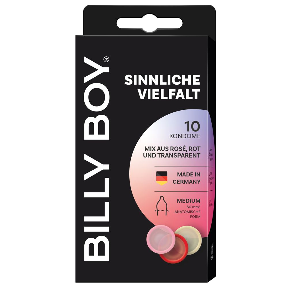 Schwarze Verpackung mit Produktnamen und Logo. Enthält 10 Kondome in verschiedenen Farben. Hergestellt in Deutschland.