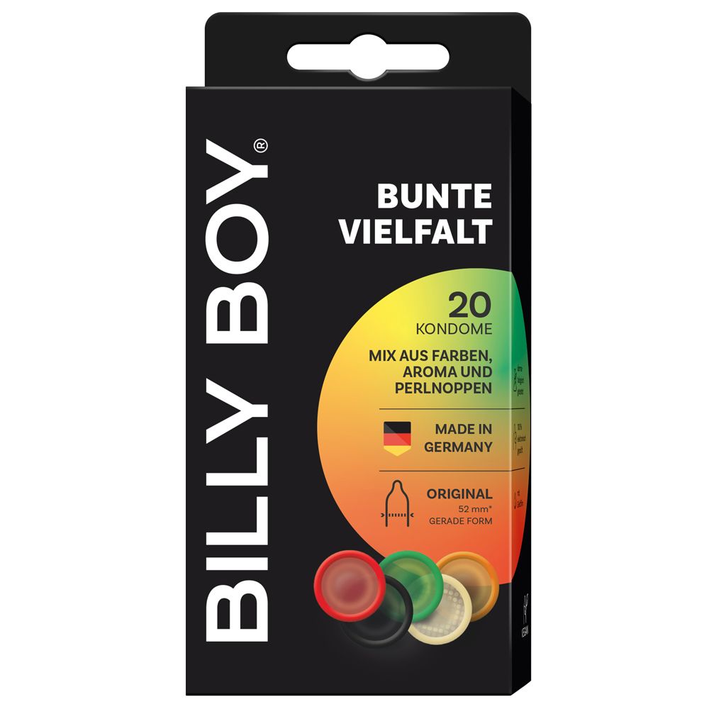 Schwarze Verpackung mit "BILLY BOY" und "Bunte Vielfalt". 20 Kondome, Mix aus Farben, Aroma und Perlnocken. Hergestellt in Deutschland.