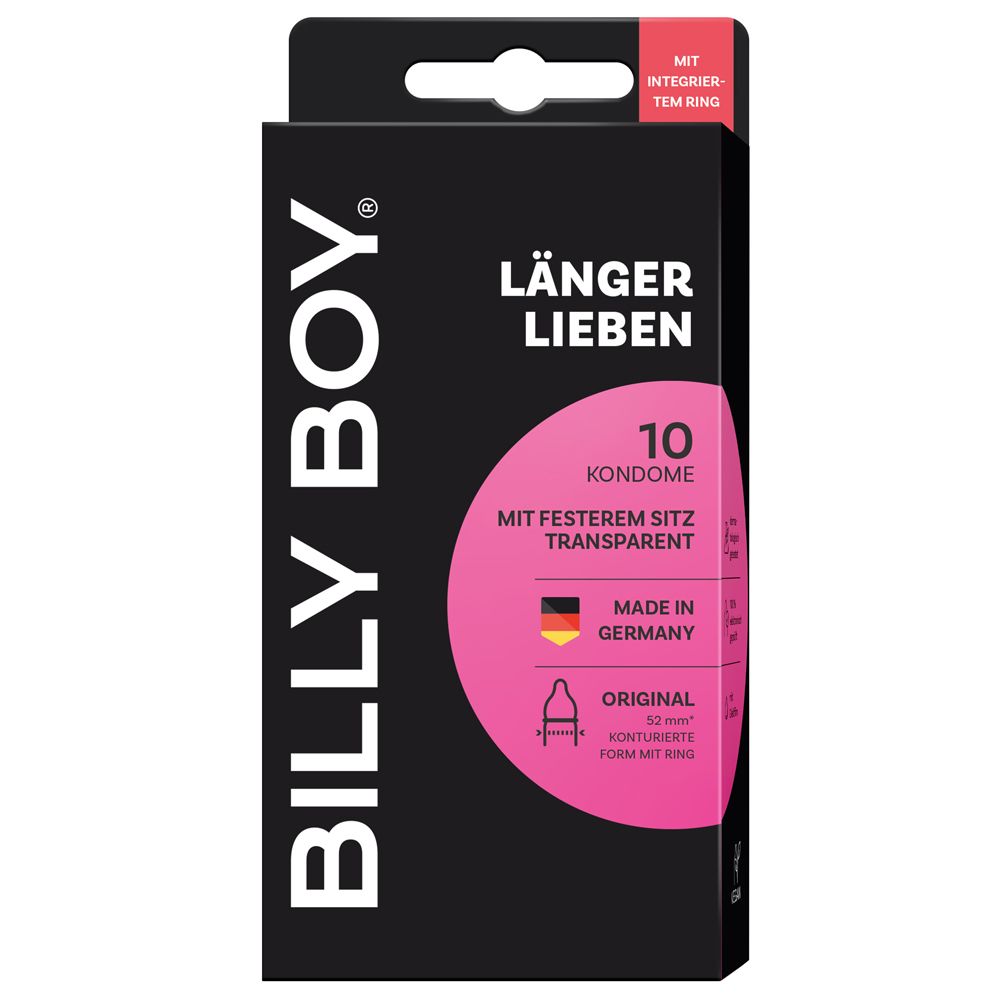Schwarze Schachtel mit rosa Akzenten. Aufschrift: BILLY BOY, LÄNGER LIEBEN, 10 Kondome. Mit integriertem Ring. Hergestellt in Deutschland.