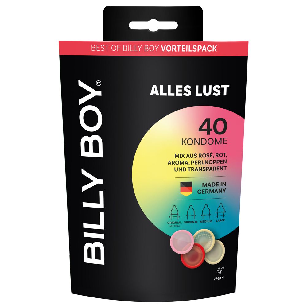 Packung mit 40 Kondomen. Aufschrift: BILLY BOY, Alles Lust, Mix aus Rosé, Rot, Aroma, Perlnuppen und Transparent. Hergestellt in Deutschland.
