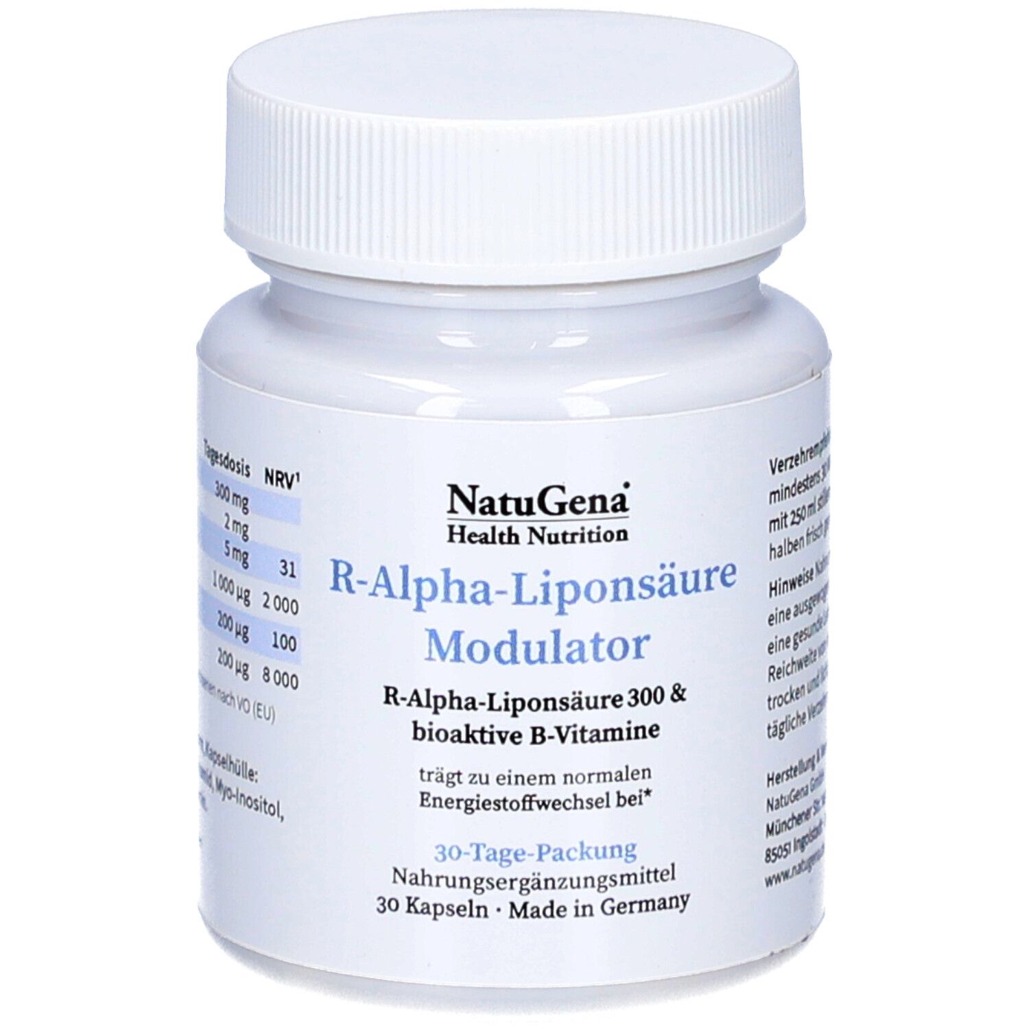 Weiße Flasche mit Schraubverschluss. Aufschrift: R-Alpha-Liponsäure Modulator, 30 Kapseln. Marke: NatuGena Health Nutrition.