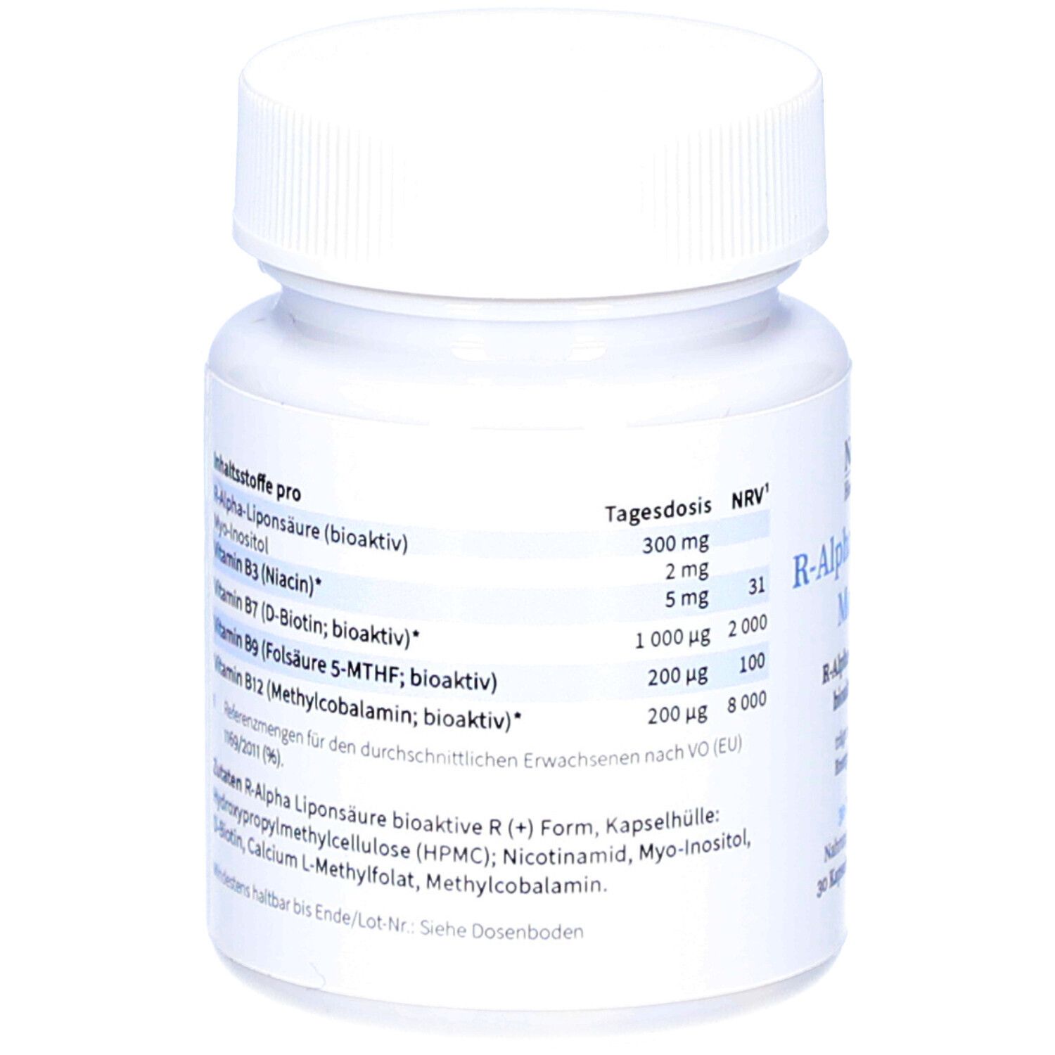 Rückseite der weißen Flasche. Enthält Informationen zu Inhaltsstoffen, Tagesdosis und Nährstoffbezugswerten (NRV).