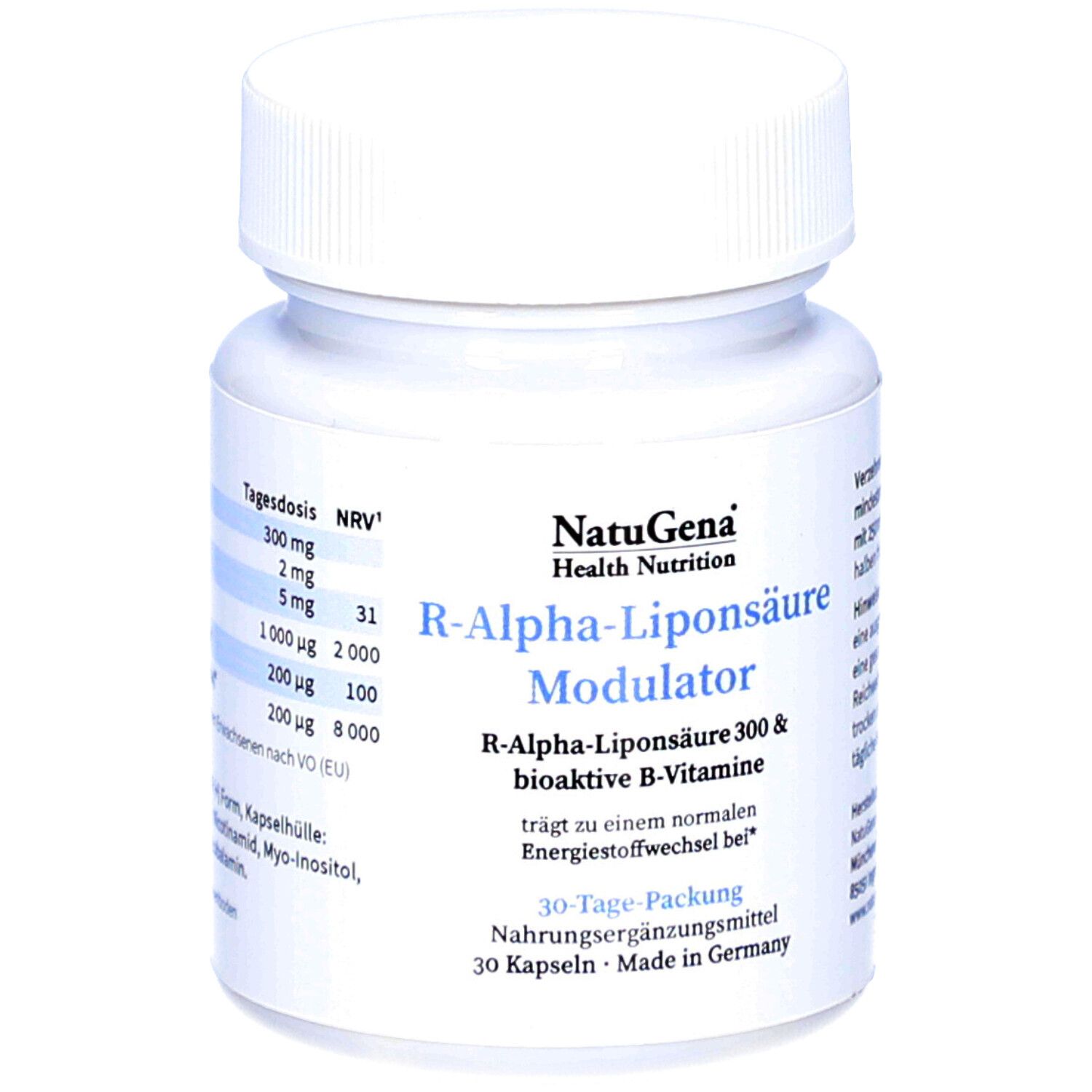 Weiße Flasche mit Schraubverschluss. Aufschrift: R-Alpha-Liponsäure Modulator, 30 Kapseln. Marke: NatuGena Health Nutrition.