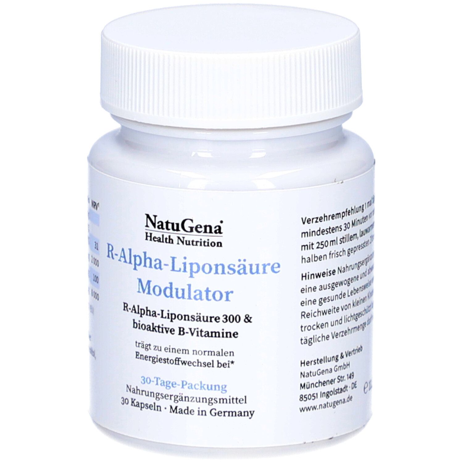 Weiße Flasche mit Schraubverschluss. Aufschrift: R-Alpha-Liponsäure Modulator, 30 Kapseln. Marke: NatuGena Health Nutrition.
