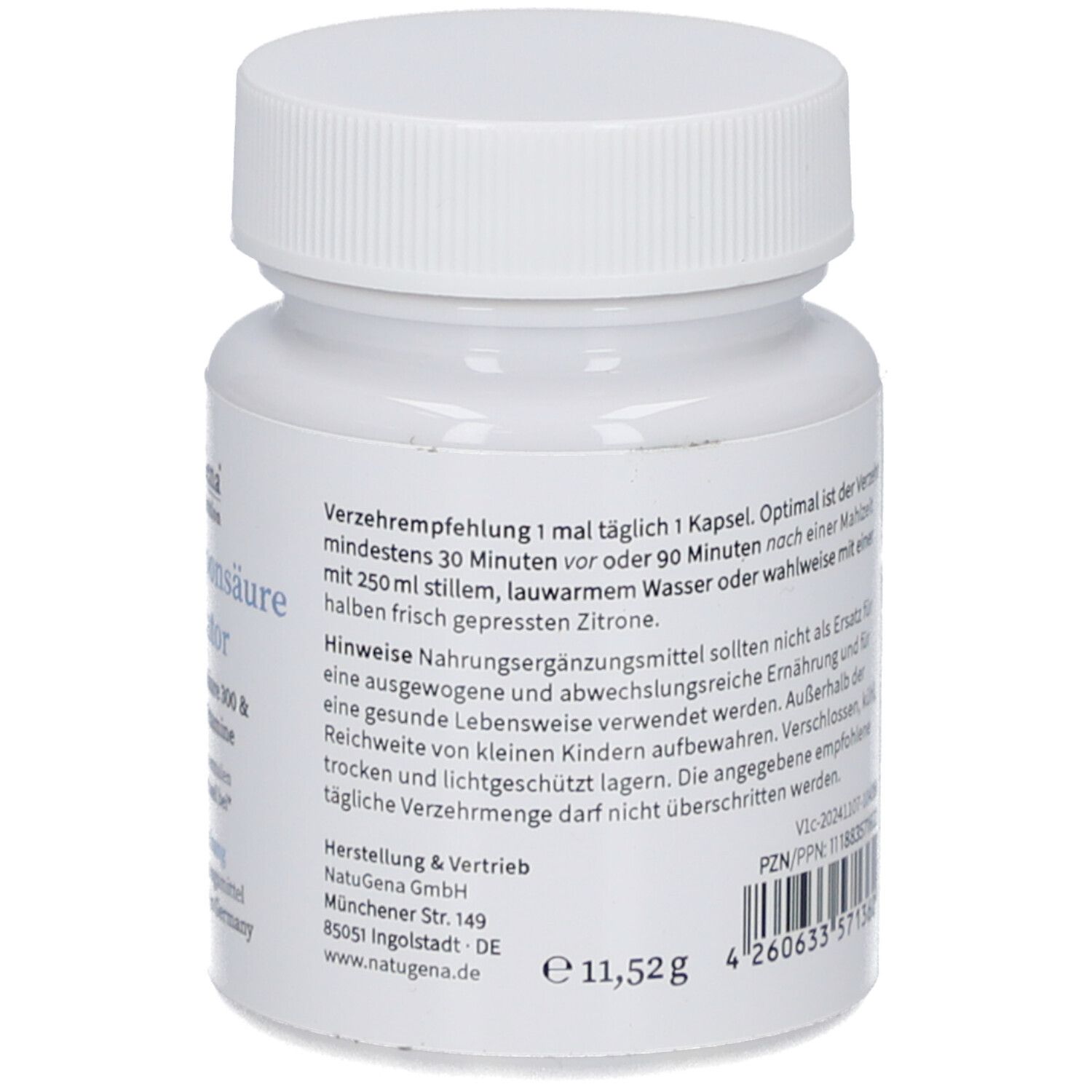 Weiße Flasche mit Schraubverschluss. Enthält Informationen zur Einnahme und Herstellerinformationen. Mit Barcode.