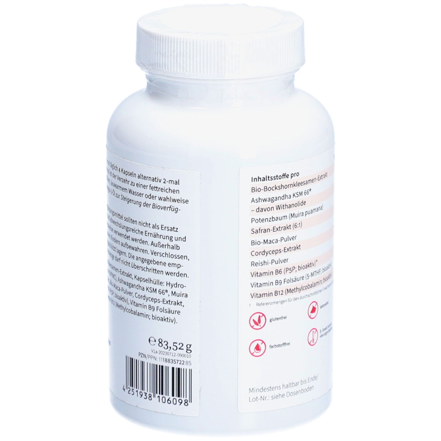 Rückseite der weißen Flasche. Enthält Inhaltsstoffe wie Bio-Bockshornklee, Ashwagandha, Safran, etc. Mit Nährwertangaben.