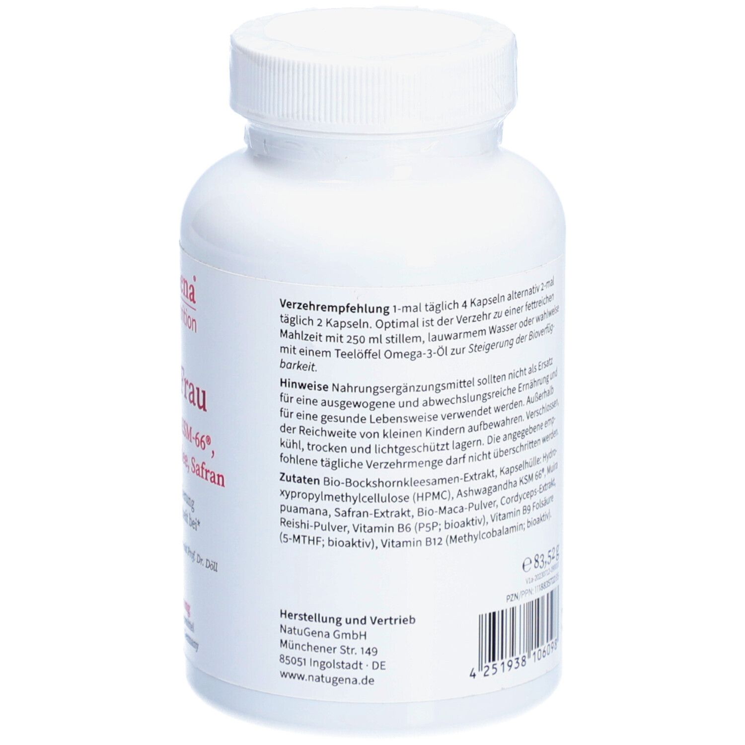Rückseite der weißen Flasche. Enthält Verzehrempfehlung und Hinweise. Mit Inhaltsstoffen wie Bio-Bockshornklee, Ashwagandha, etc.