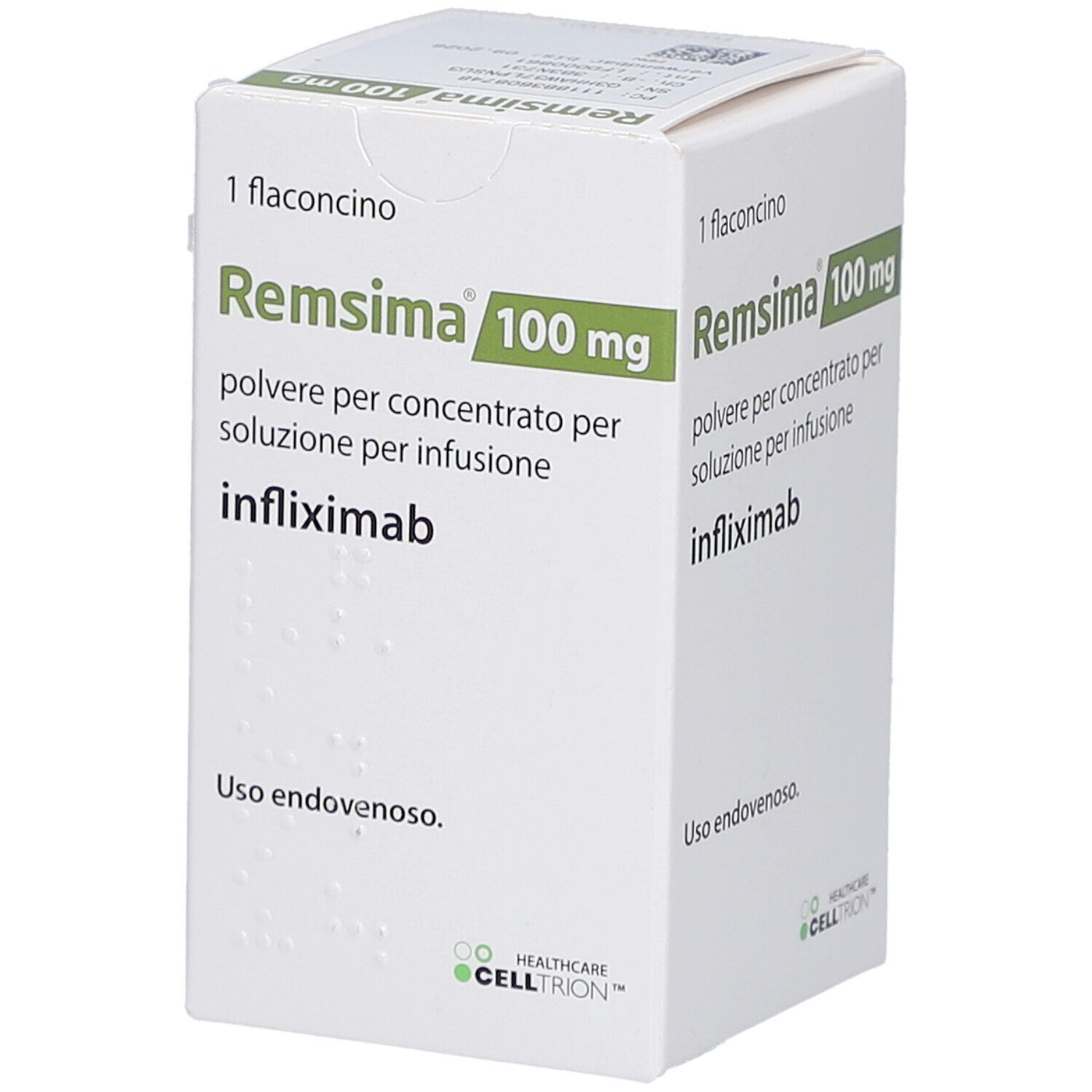 Schachtel mit REMSIMA 100 mg. Text: Pulver für Infusionslösung, Infliximab. Logo: CELLTRION HEALTHCARE.