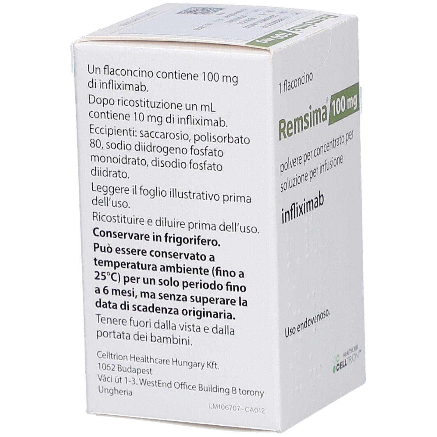 Rückseite der REMSIMA 100 mg Schachtel. Text: Inhaltsstoffe, Lagerungshinweise, Herstelleradresse.