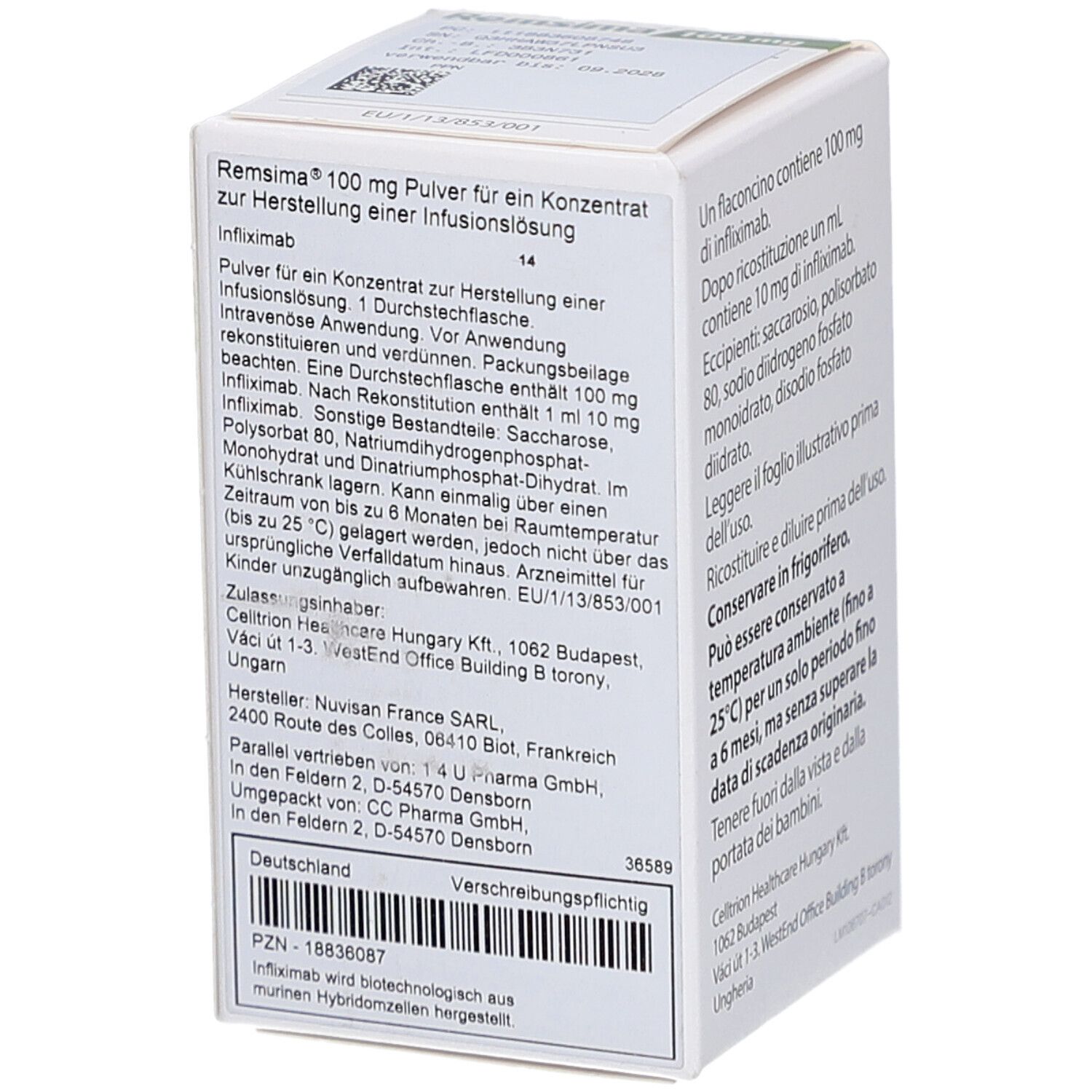 Rückseite der REMSIMA 100 mg Schachtel. Text: Inhaltsstoffe, Lagerungshinweise, Herstelleradresse.